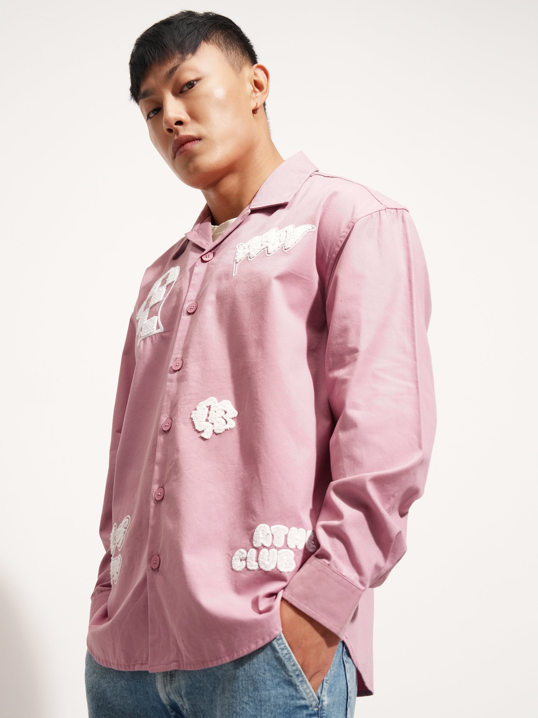 Highlander Men Pink Embroidered Oversized Fit Casual Shirt - Pink - Image 4