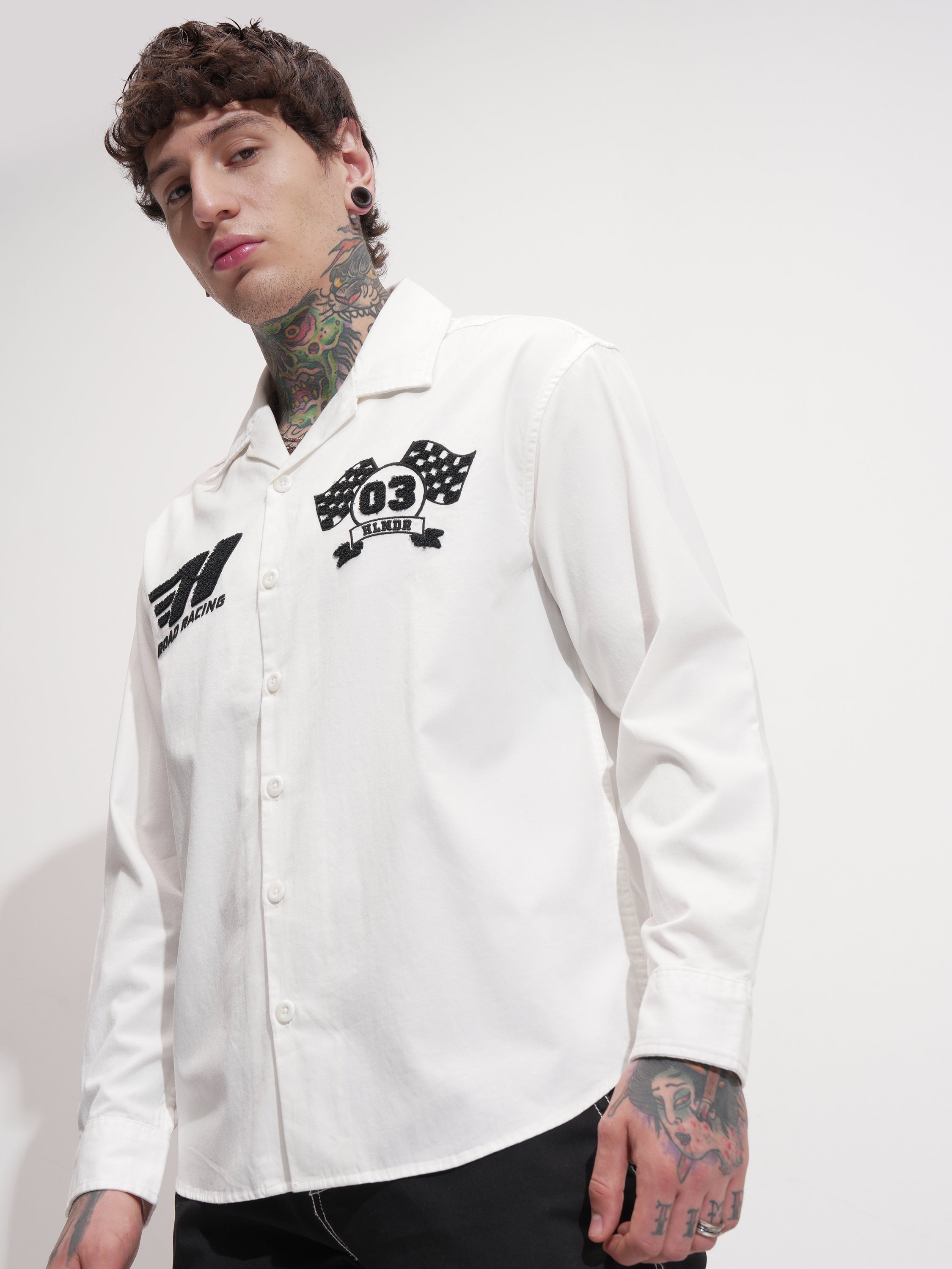 Highlander Men White Embroidered Oversized Fit Casual Shirt - White - Image 4
