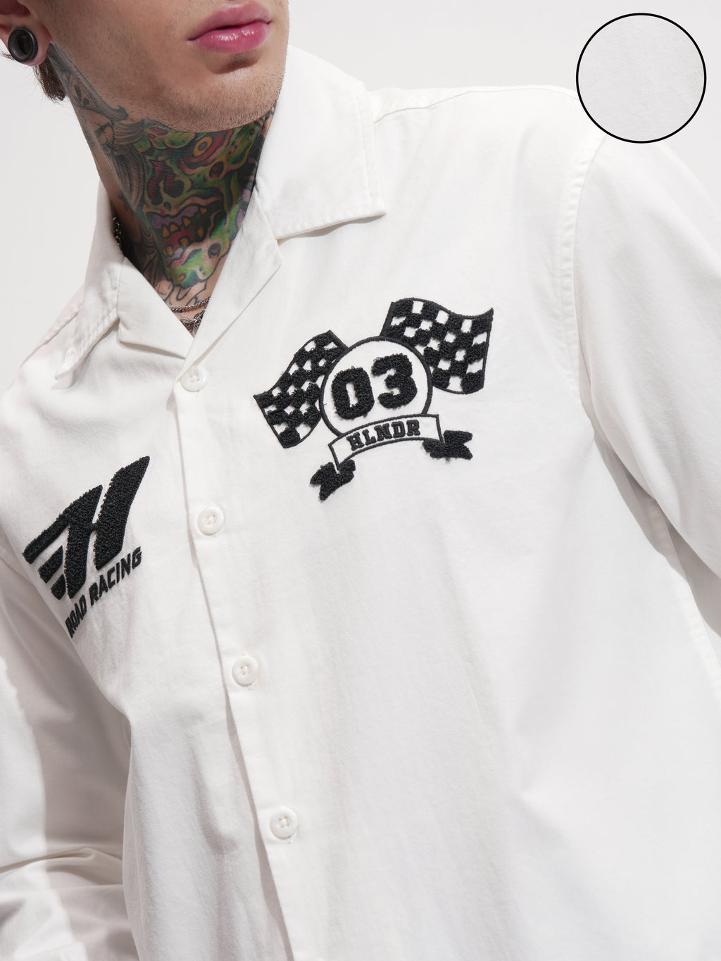 Highlander Men White Embroidered Oversized Fit Casual Shirt - White - Image 5