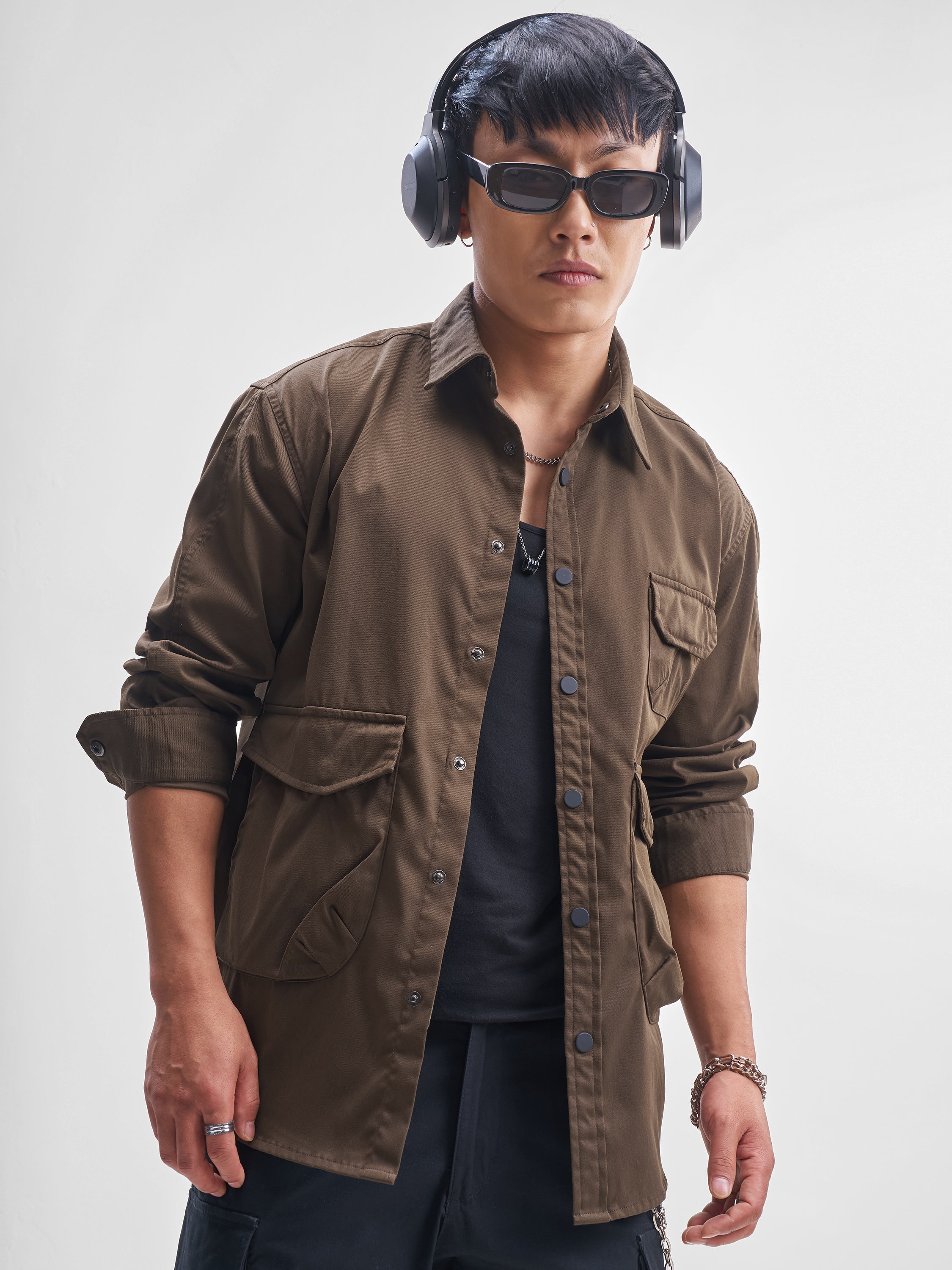 Highlander Men Brown Solid Oversized Fit Casual Shirt - Brown - Image 1