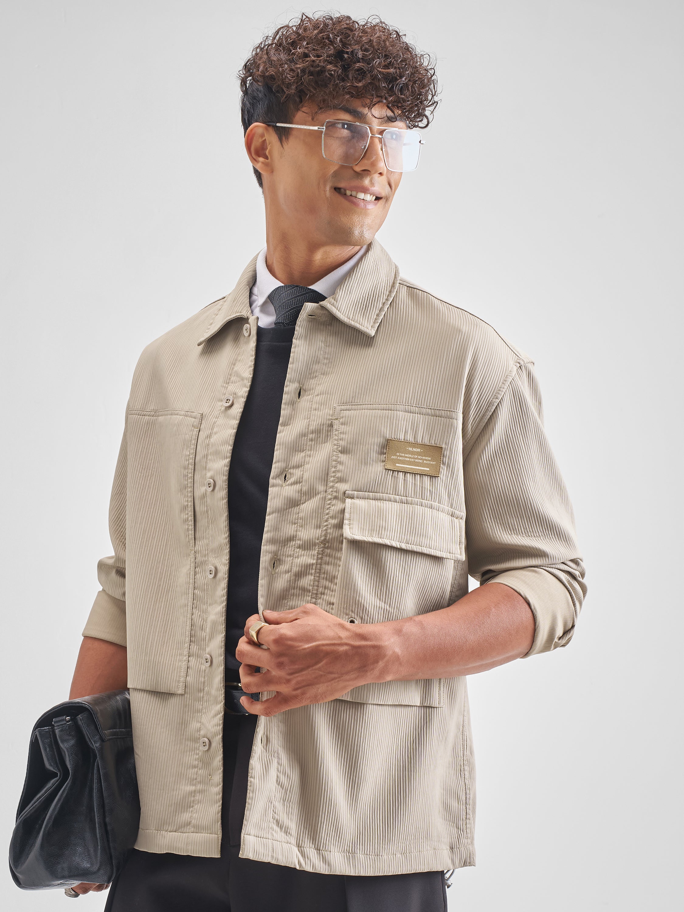 Highlander Men Beige Self Design Oversized Fit Casual Shirt - Beige - Image 4