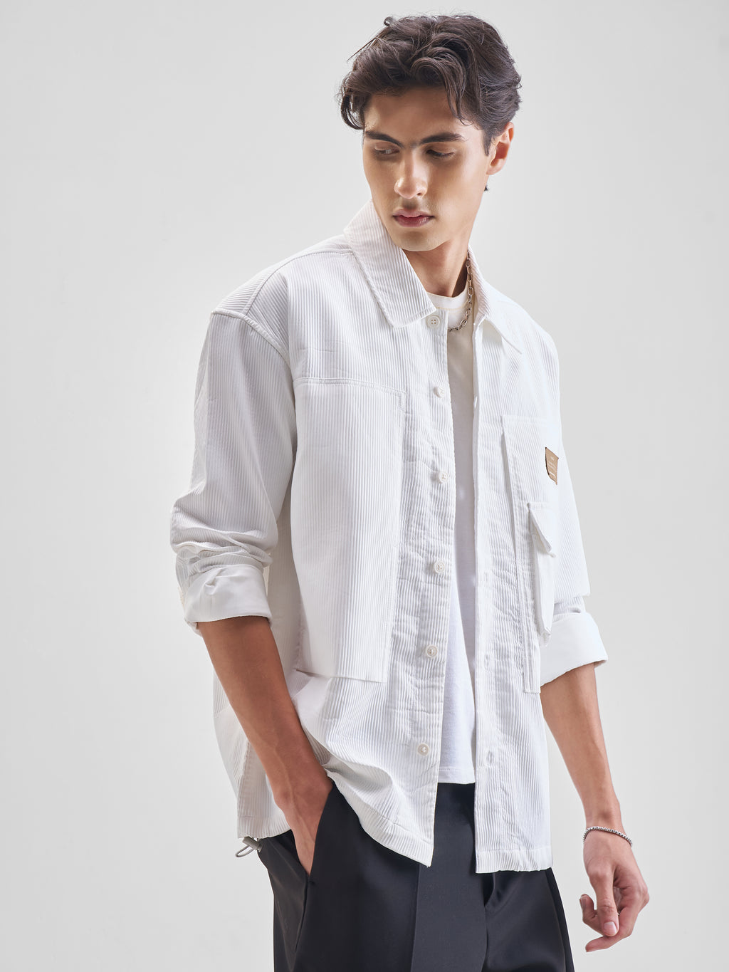Highlander Men White Self Design Oversized Fit Casual Shirt - White - Image 6