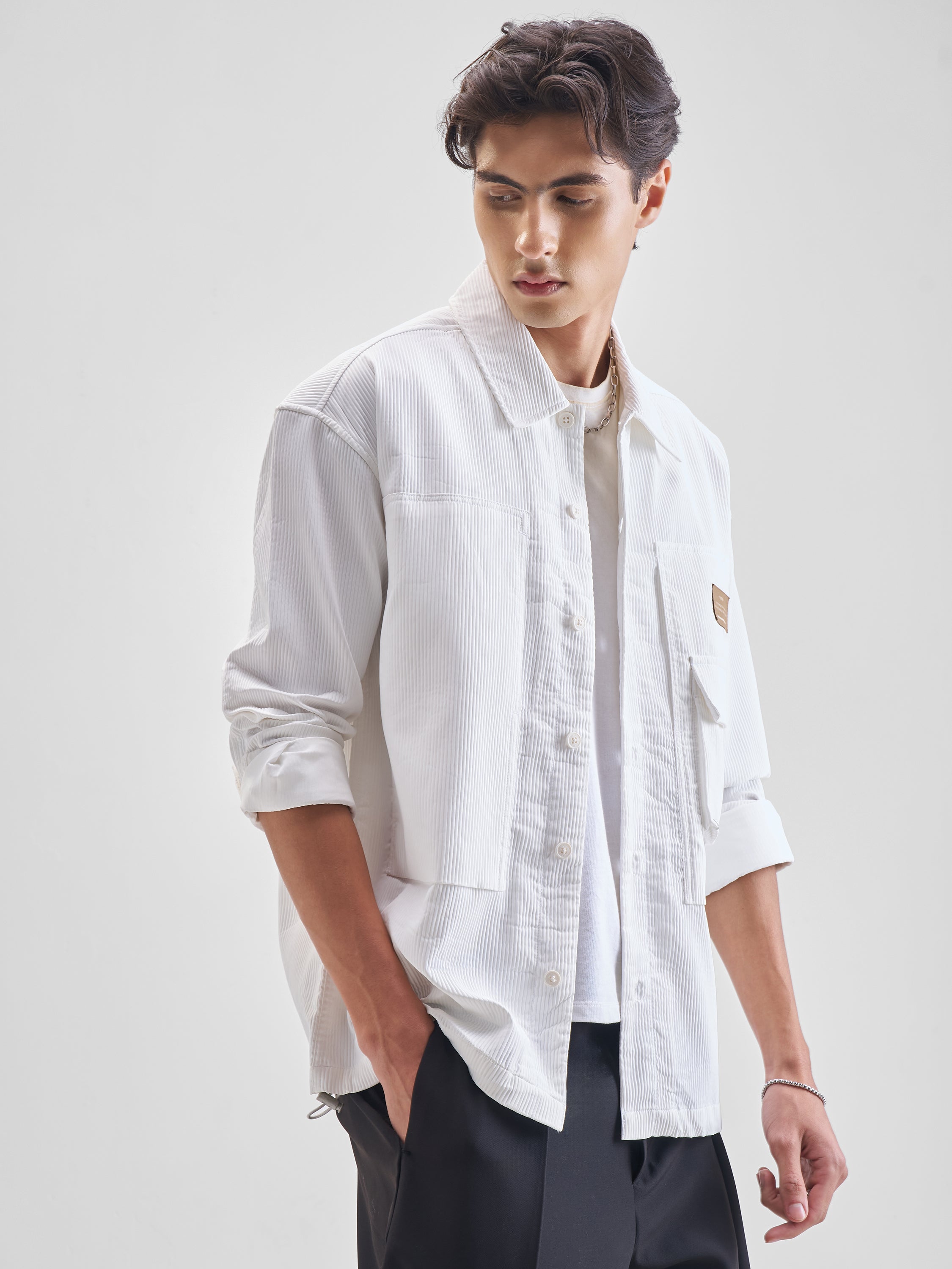 Highlander Men White Self Design Oversized Fit Casual Shirt - White - Image 6