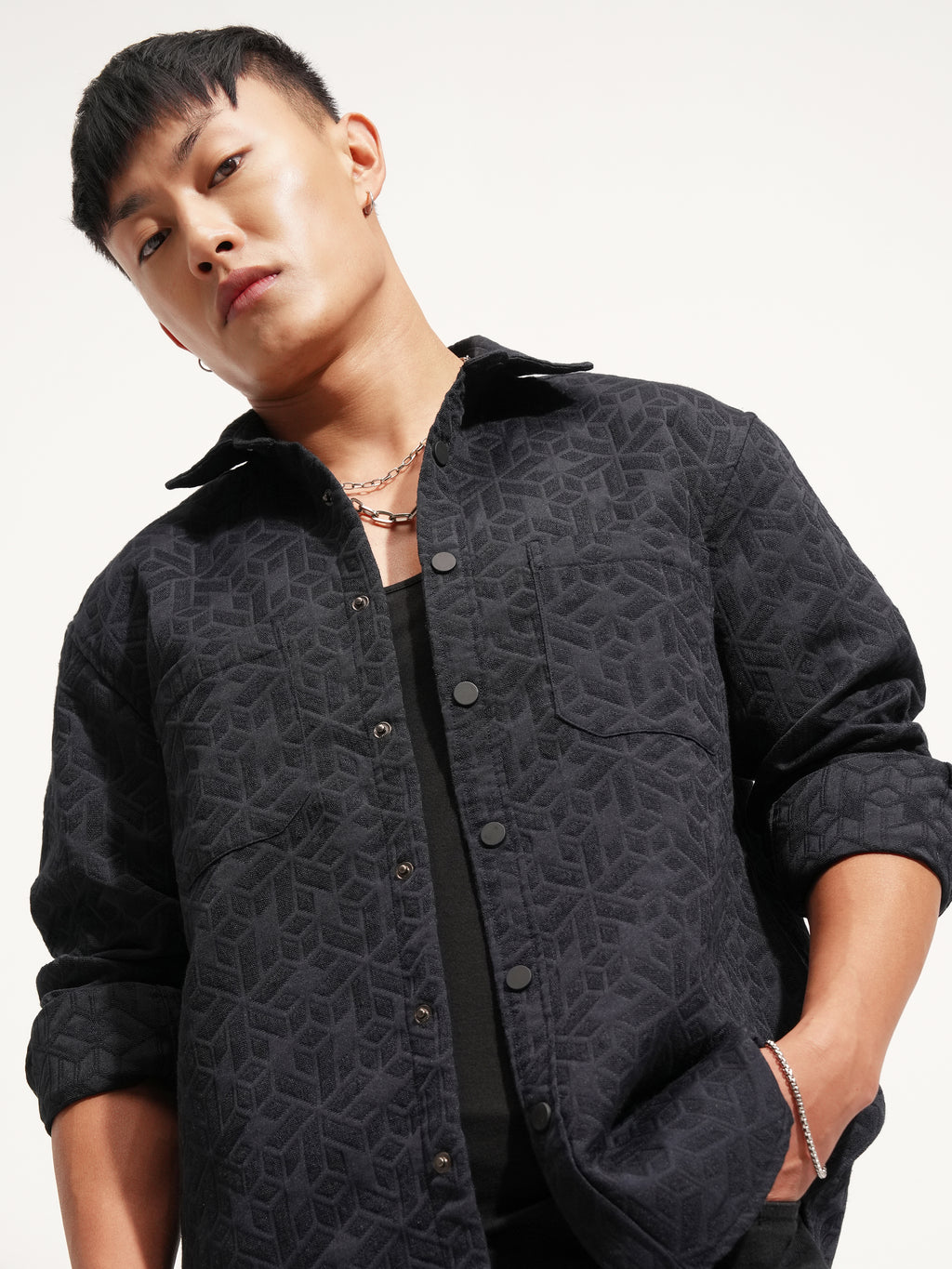 Highlander Men Navy Blue Self Design Relaxed Fit Casual Shirt - Navy Blue - Image 1