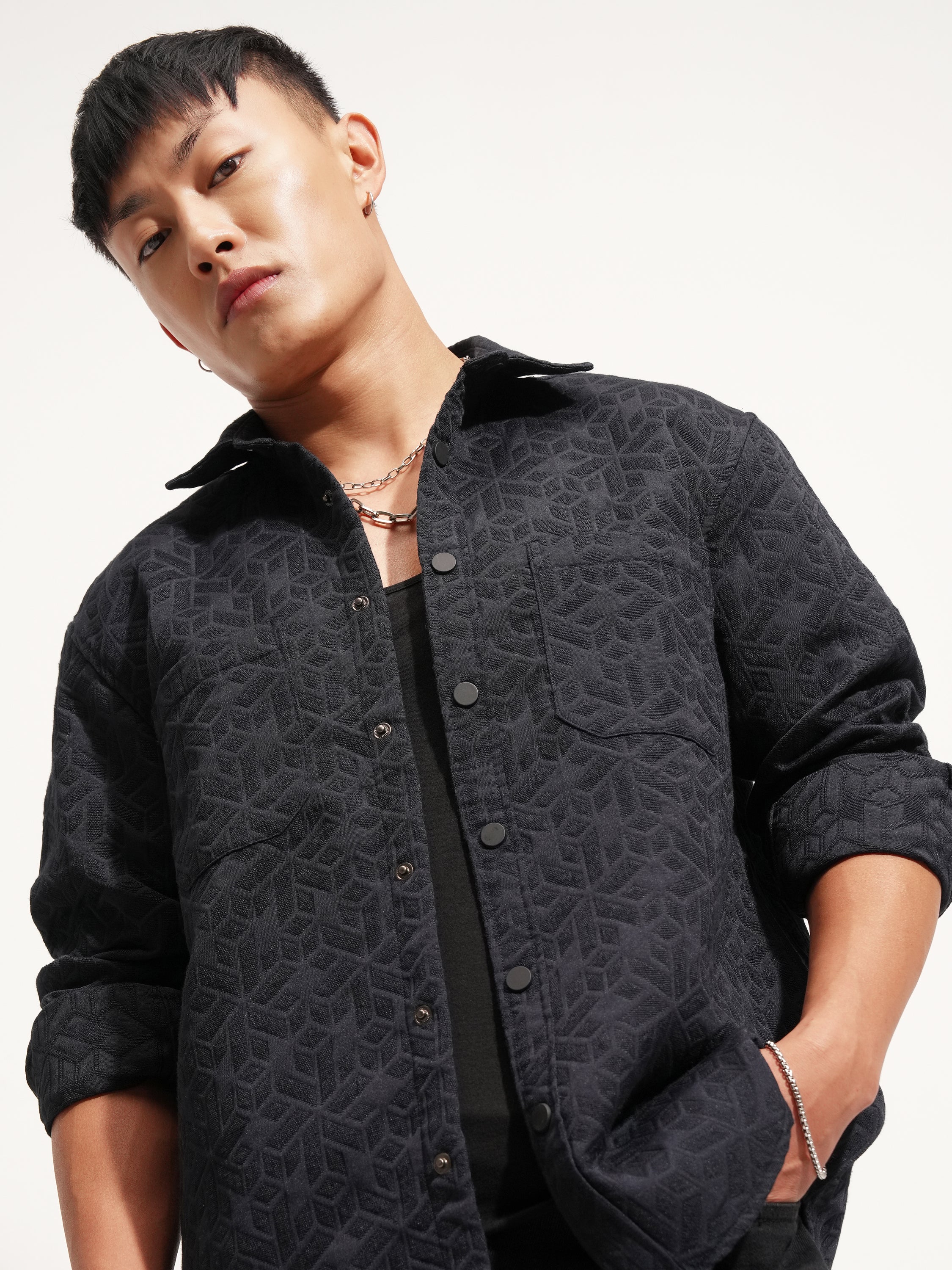 Highlander Men Navy Blue Self Design Relaxed Fit Casual Shirt - Navy Blue - Image 1