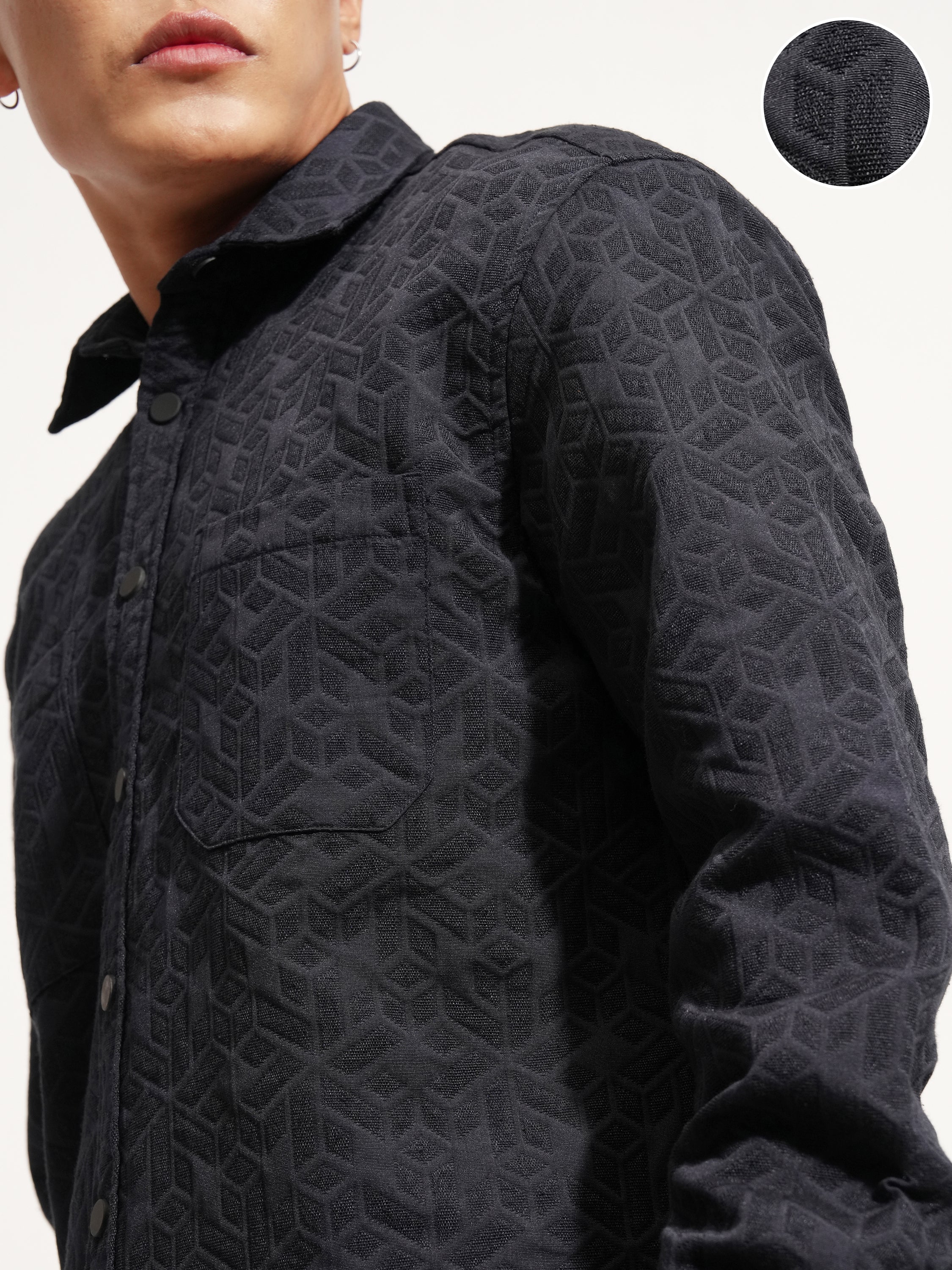 Highlander Men Navy Blue Self Design Relaxed Fit Casual Shirt - Navy Blue - Image 5