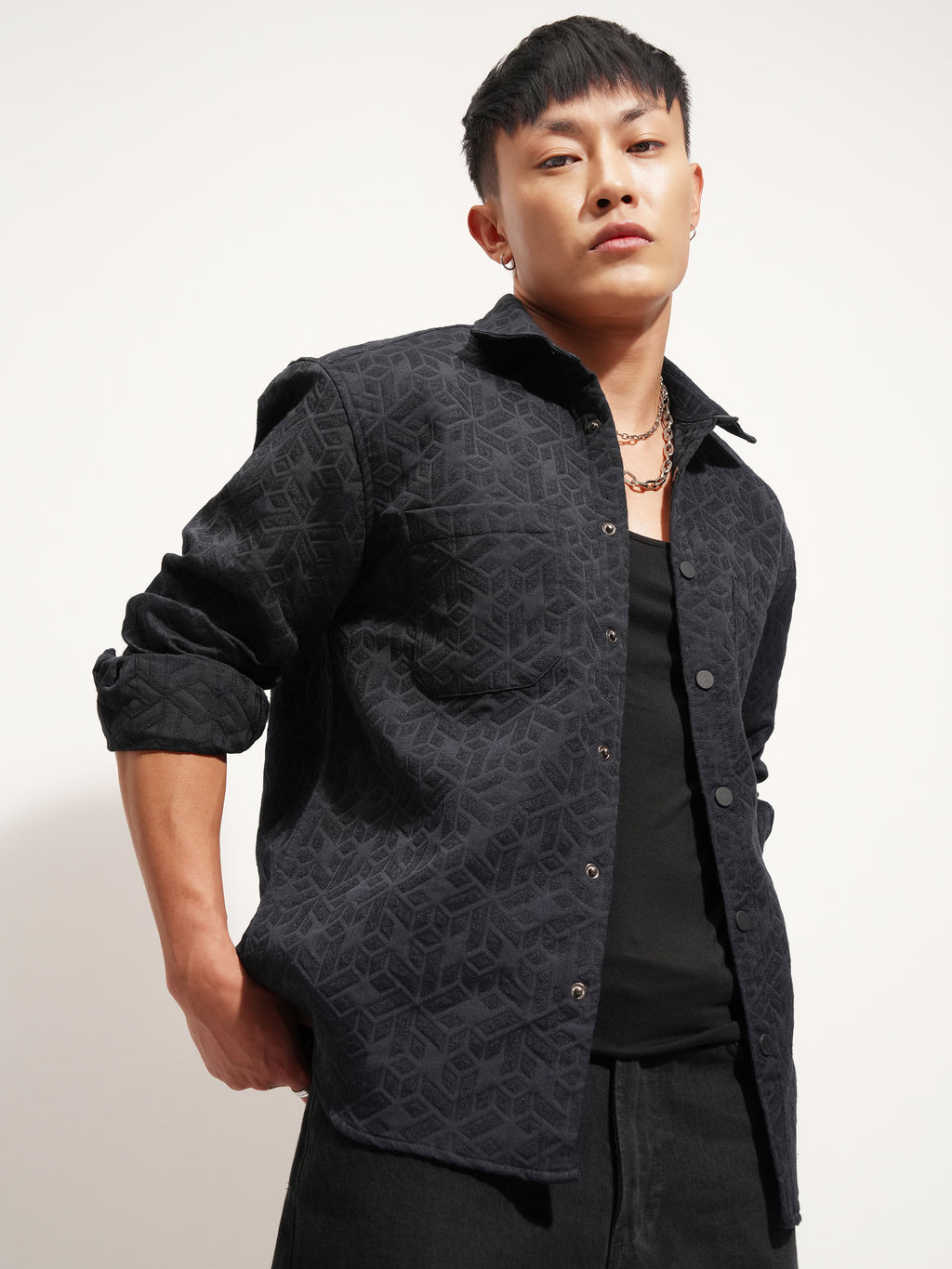 Highlander Men Navy Blue Self Design Relaxed Fit Casual Shirt - Navy Blue - Image 6