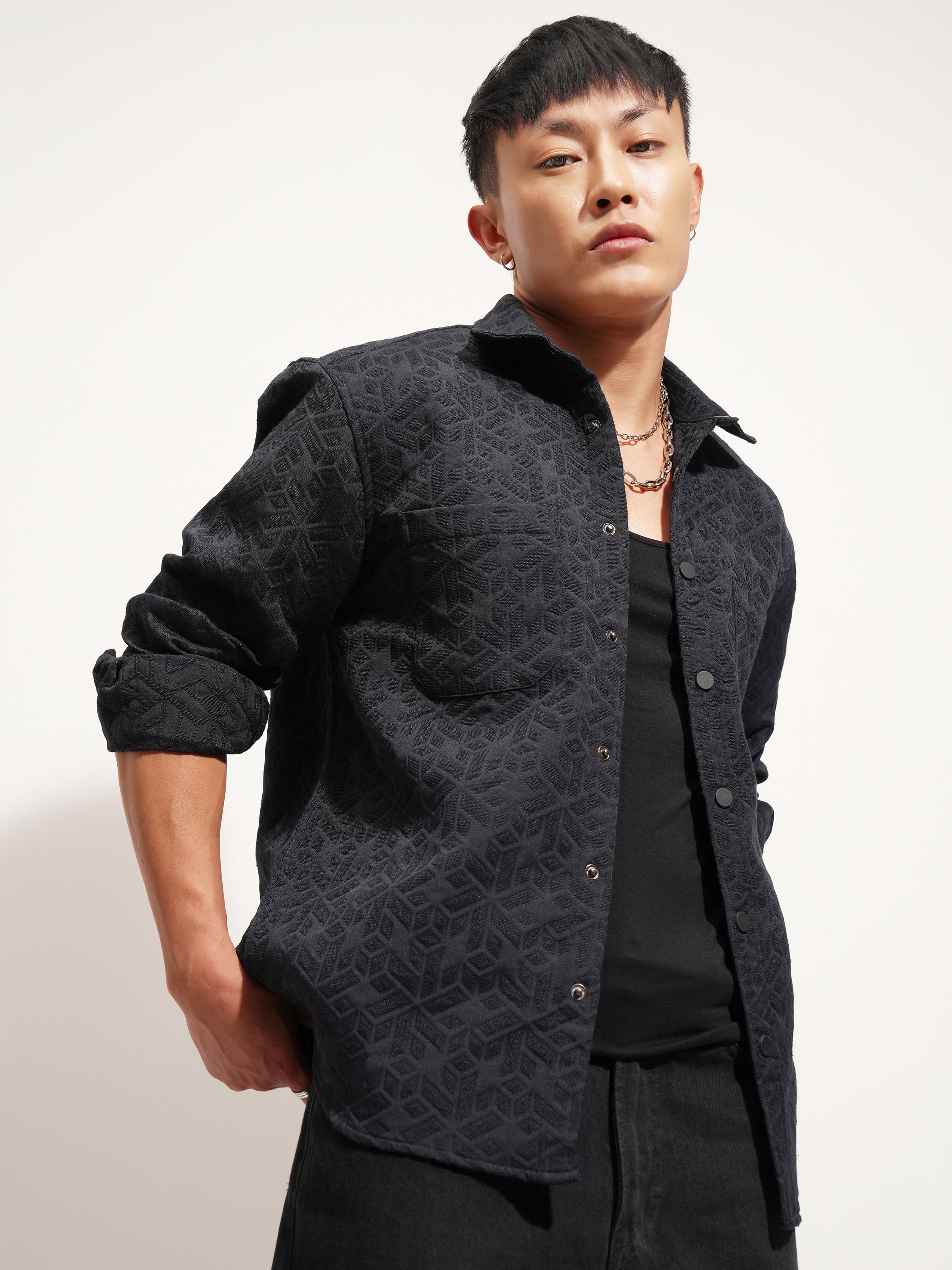 Highlander Men Navy Blue Self Design Relaxed Fit Casual Shirt - Navy Blue - Image 6