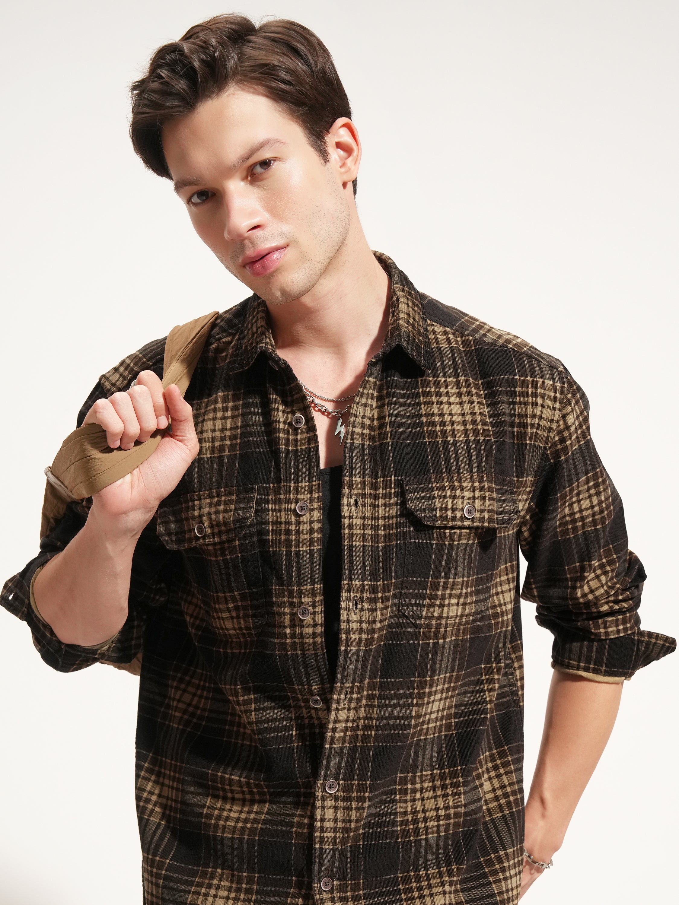 Highlander Men Brown Checked Oversized Fit Casual Shirt - Brown - Image 1