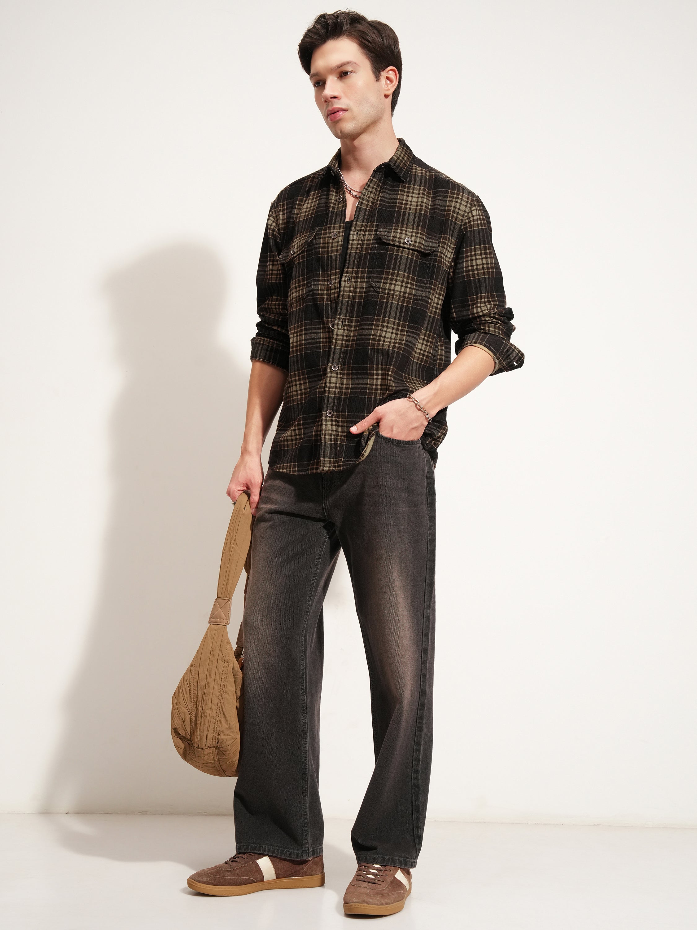Highlander Men Brown Checked Oversized Fit Casual Shirt - Brown - Image 2