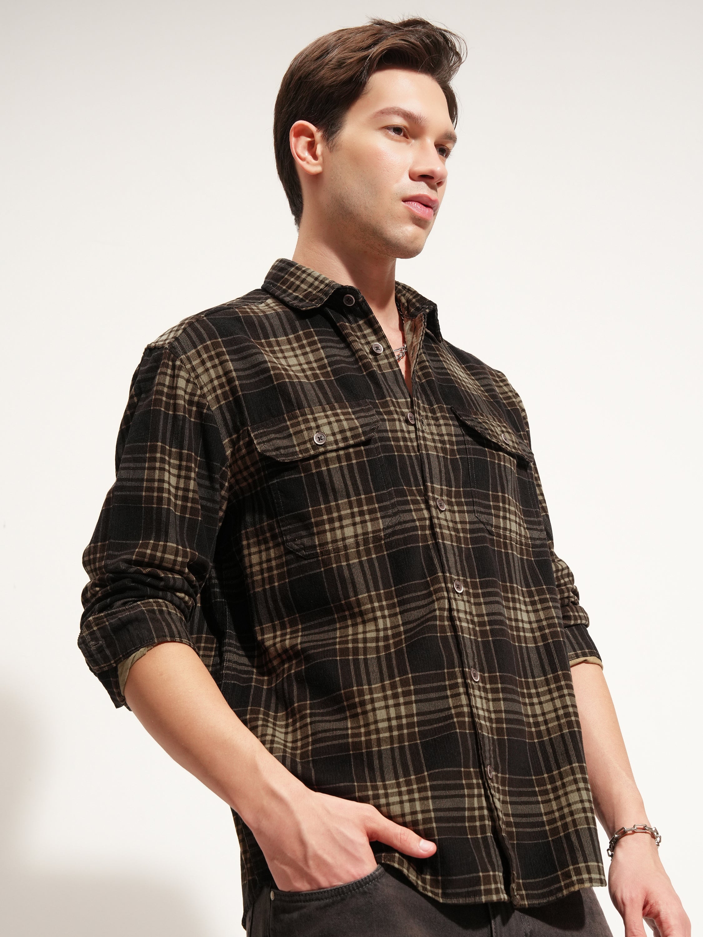 Highlander Men Brown Checked Oversized Fit Casual Shirt - Brown - Image 6
