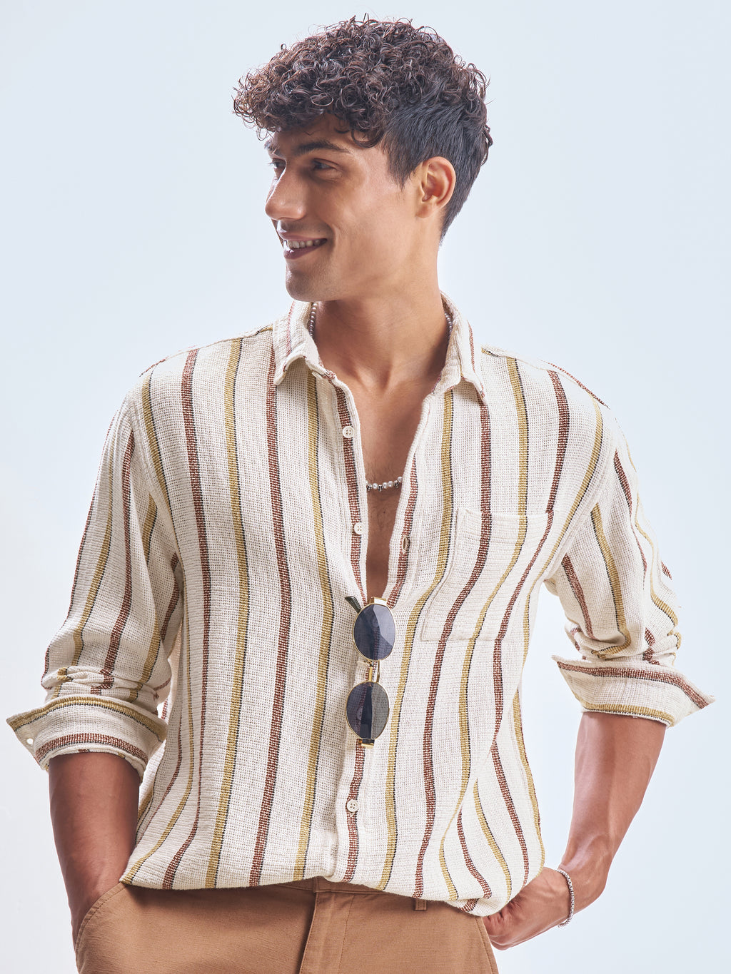 Highlander Men Cream Striped Relaxed Fit Casual Shirt - Cream - Image 3