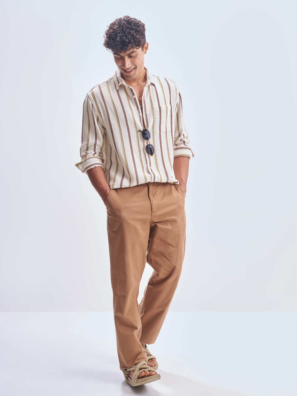 Highlander Men Cream Striped Relaxed Fit Casual Shirt - Cream - Image 4