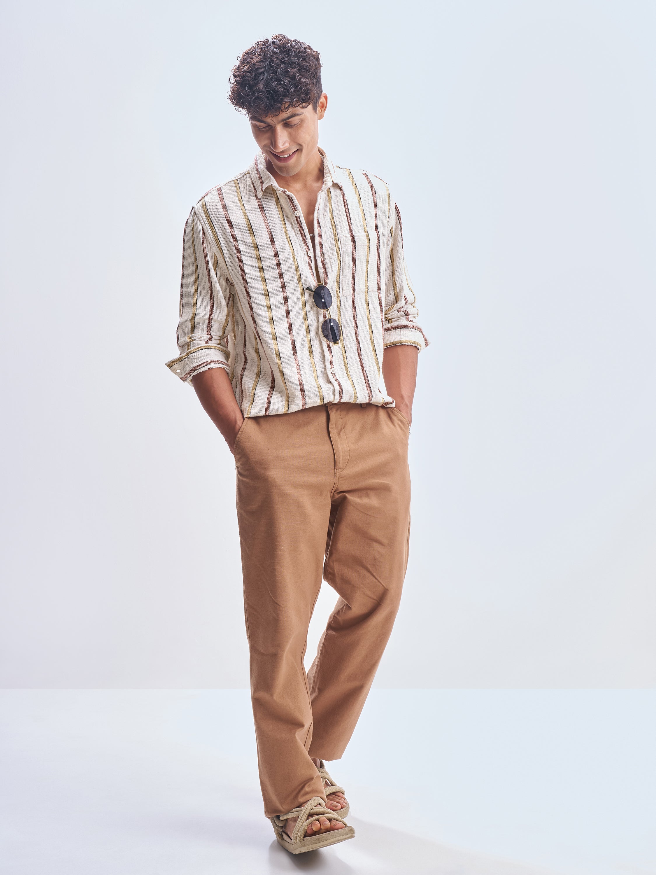 Highlander Men Cream Striped Relaxed Fit Casual Shirt - Cream - Image 4