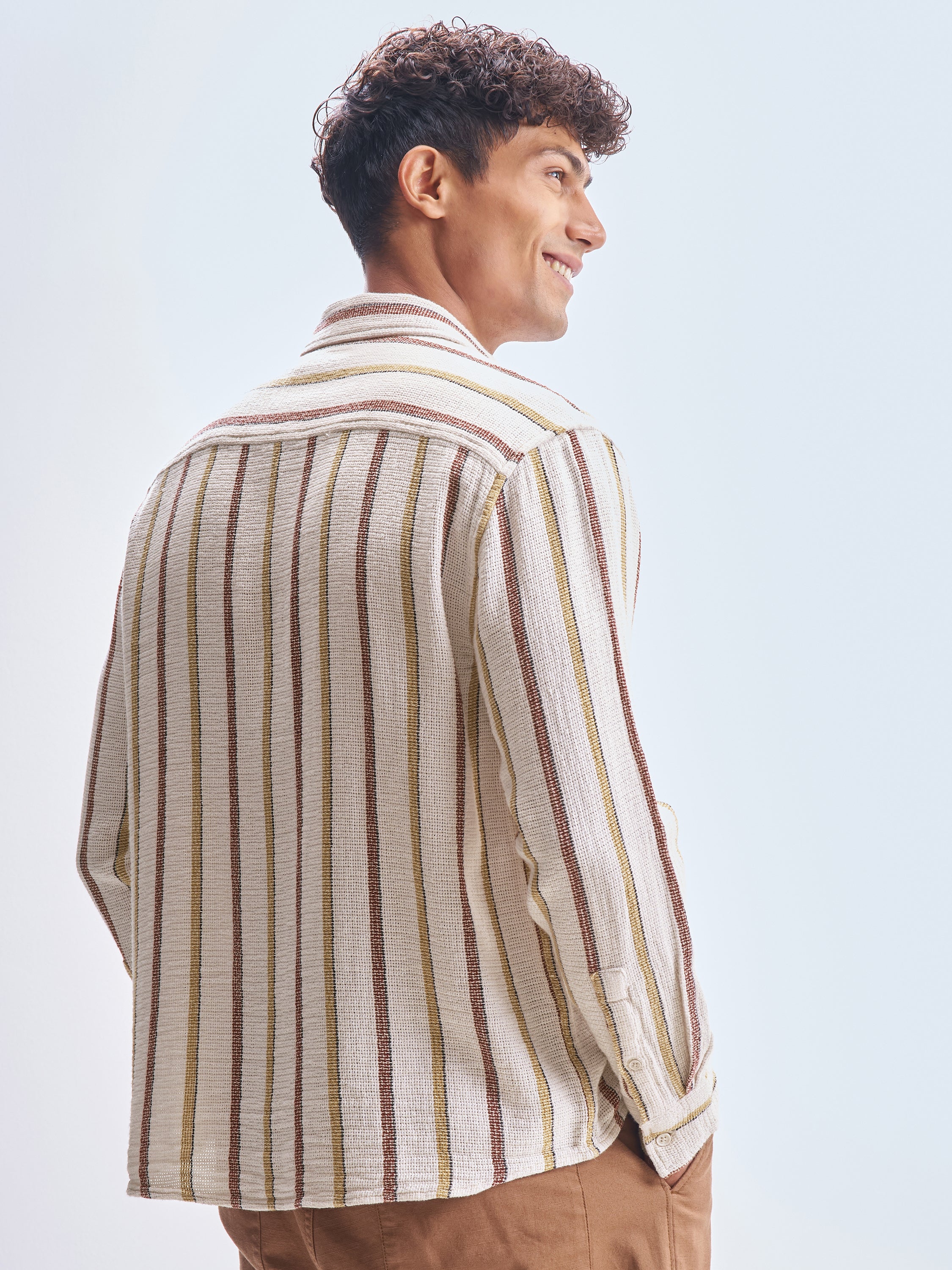Highlander Men Cream Striped Relaxed Fit Casual Shirt - Cream - Image 5