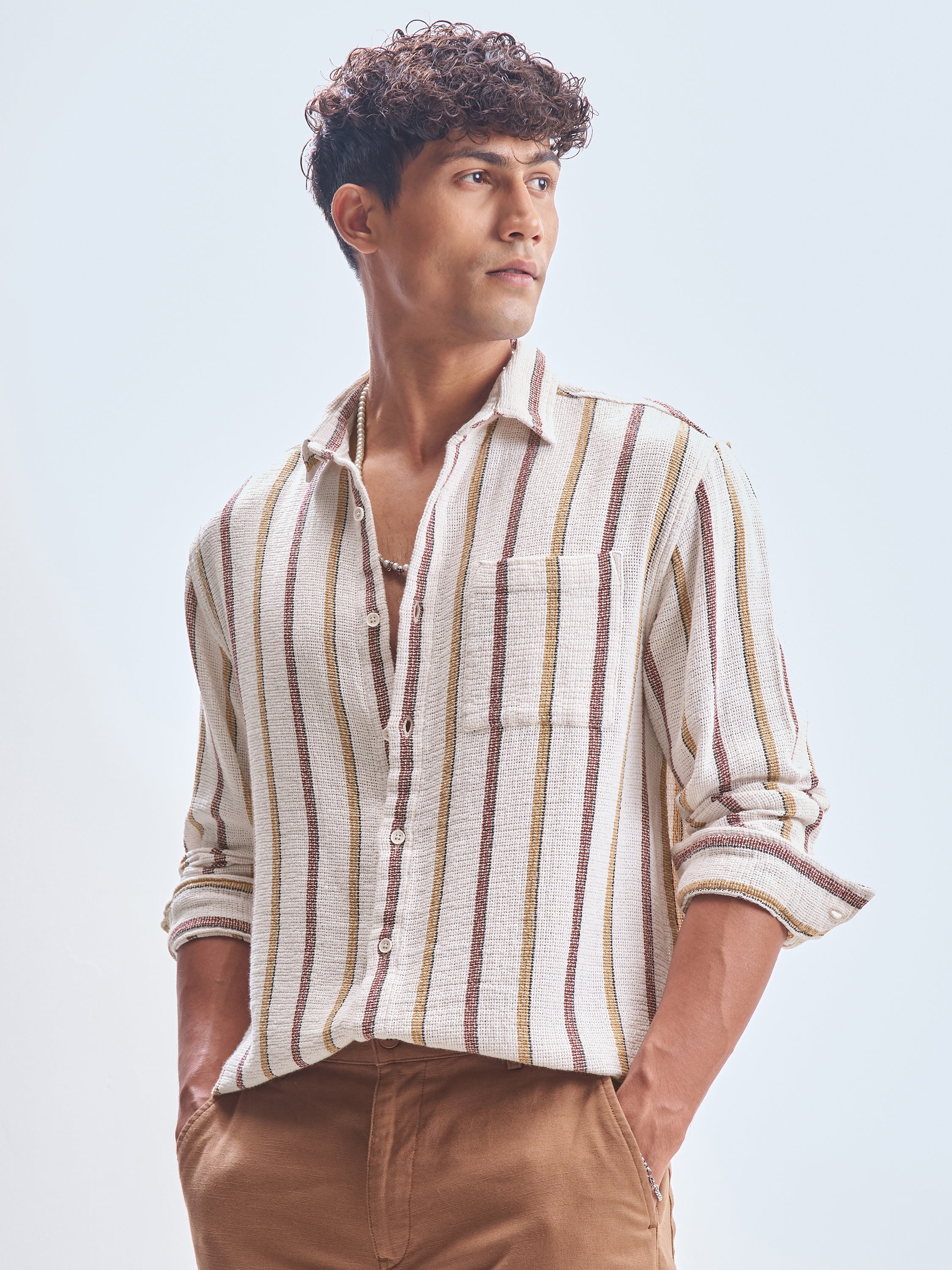 Highlander Men Cream Striped Relaxed Fit Casual Shirt - Cream - Image 6