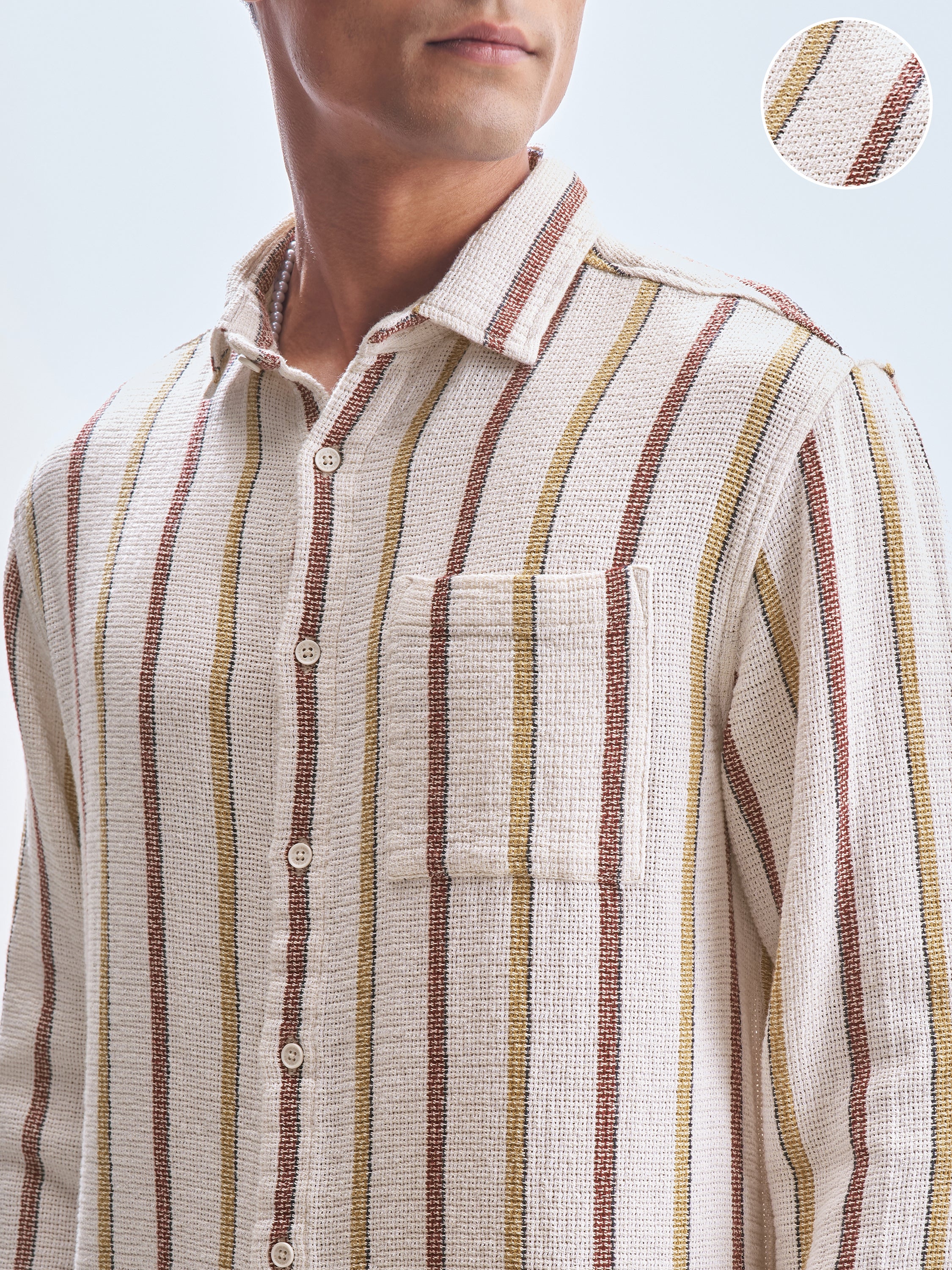 Highlander Men Cream Striped Relaxed Fit Casual Shirt - Cream - Image 1