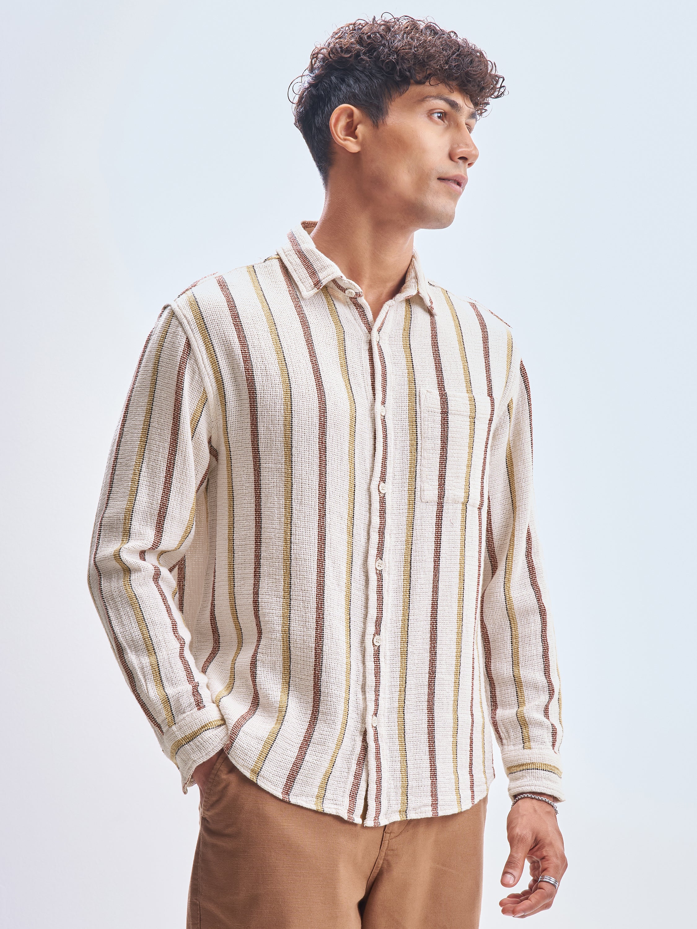 Highlander Men Cream Striped Relaxed Fit Casual Shirt - Cream - Image 2