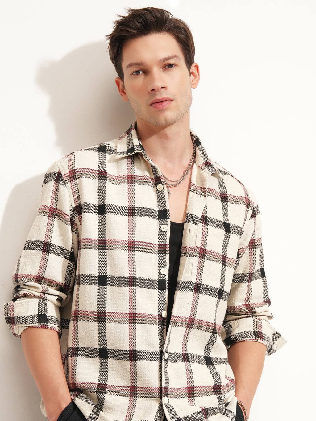 Highlander Men Cream Checked Relaxed Fit Casual Shirt - Cream - Image 1