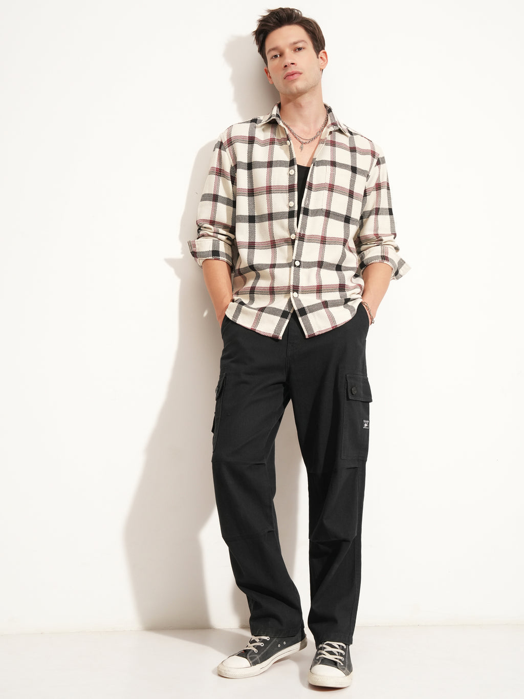 Highlander Men Cream Checked Relaxed Fit Casual Shirt - Cream - Image 2