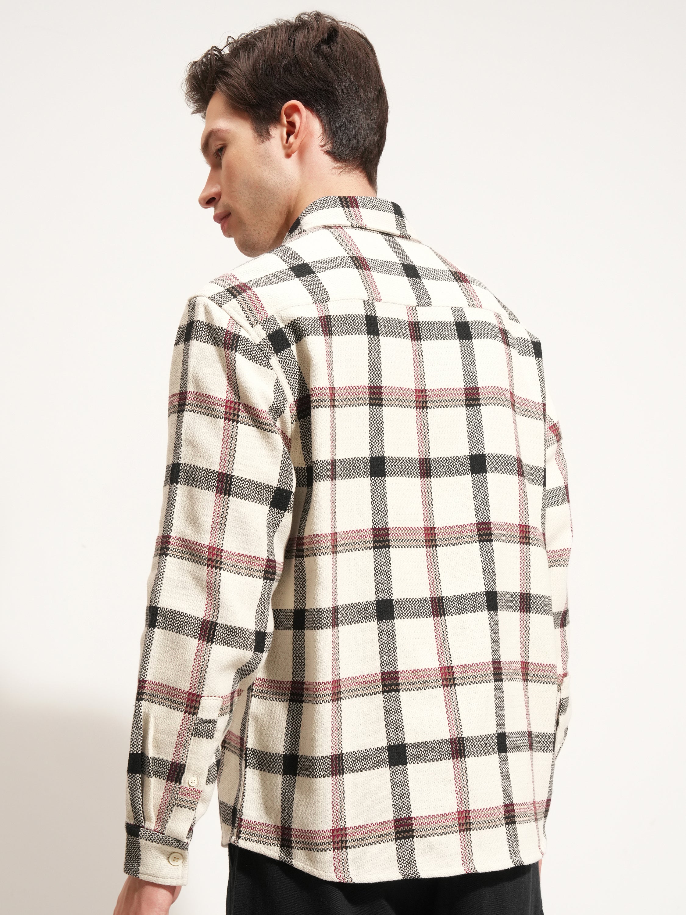 Highlander Men Cream Checked Relaxed Fit Casual Shirt - Cream - Image 3