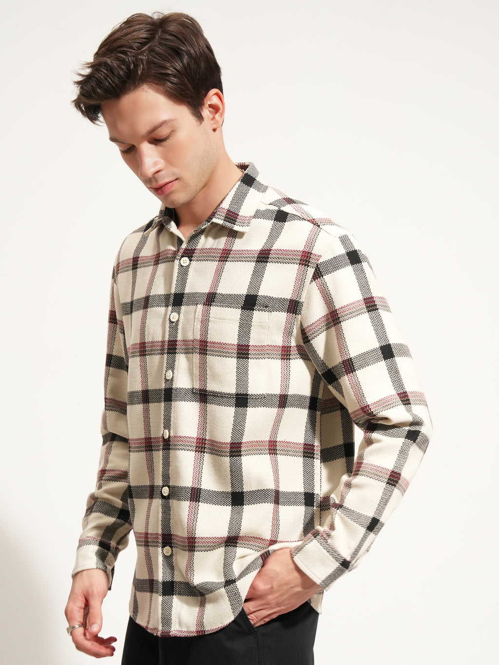 Highlander Men Cream Checked Relaxed Fit Casual Shirt - Cream - Image 4