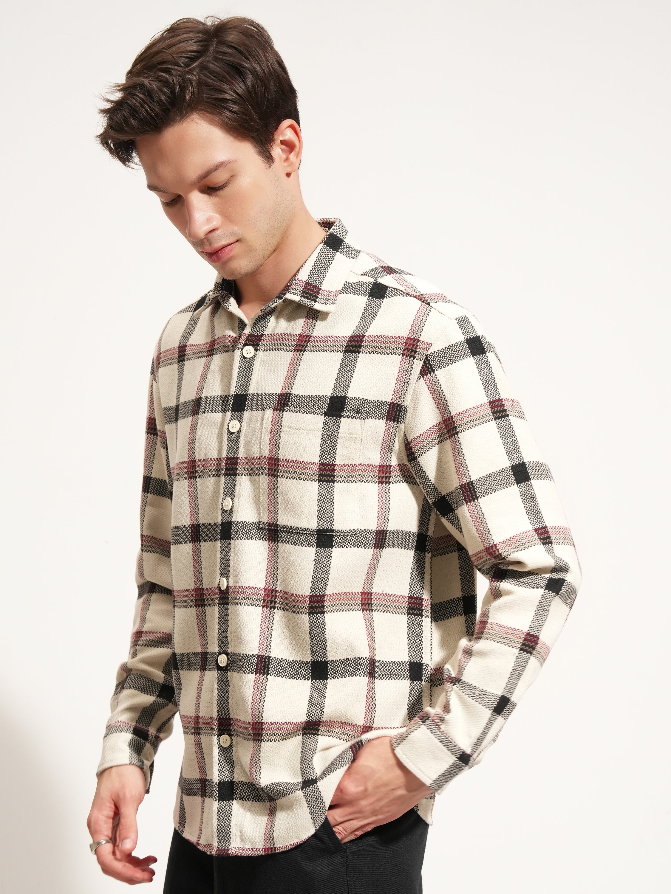 Highlander Men Cream Checked Relaxed Fit Casual Shirt - Cream - Image 4