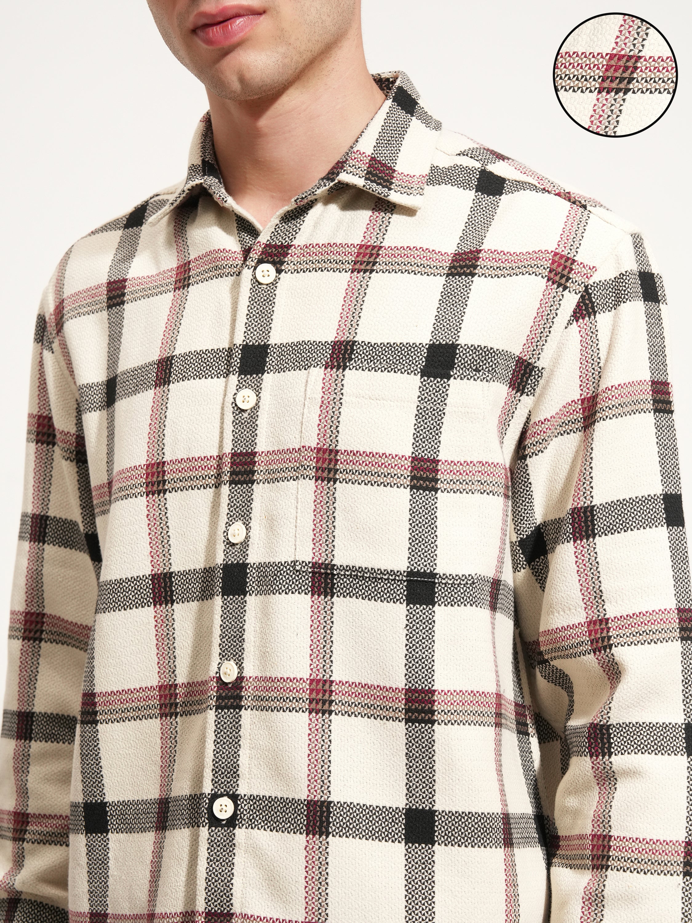Highlander Men Cream Checked Relaxed Fit Casual Shirt - Cream - Image 5