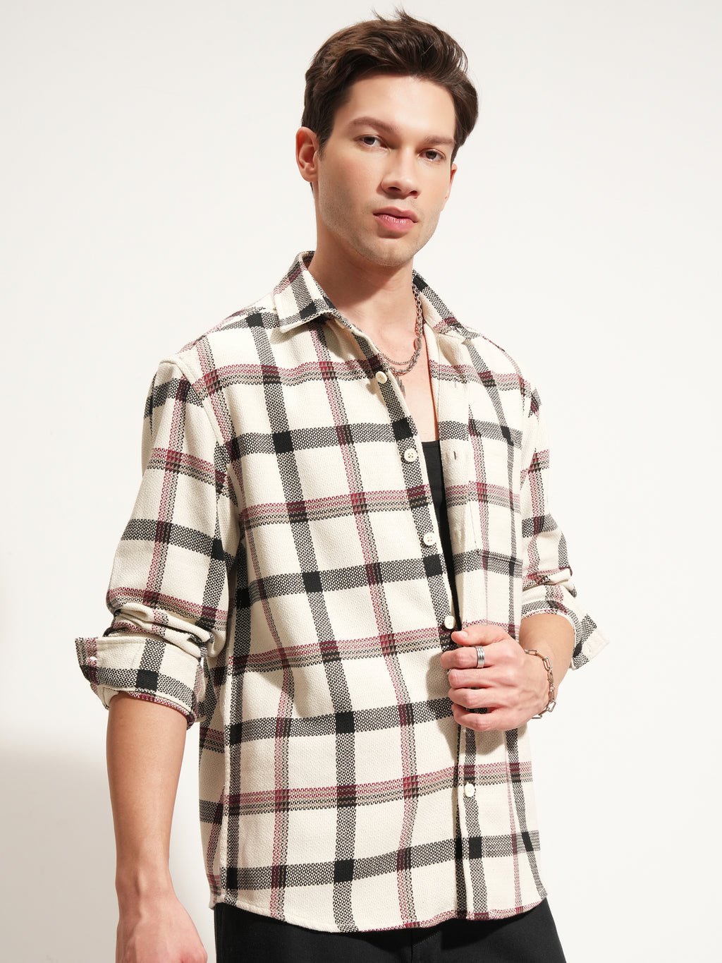 Highlander Men Cream Checked Relaxed Fit Casual Shirt - Cream - Image 6