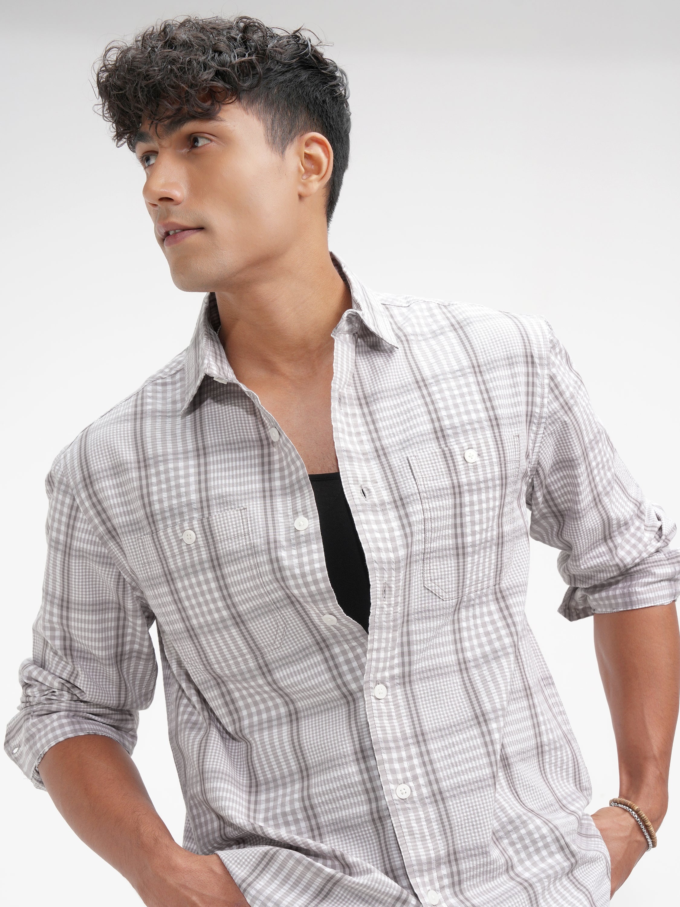 Highlander Men Grey Checked Relaxed Fit Casual Shirt - Grey - Image 1