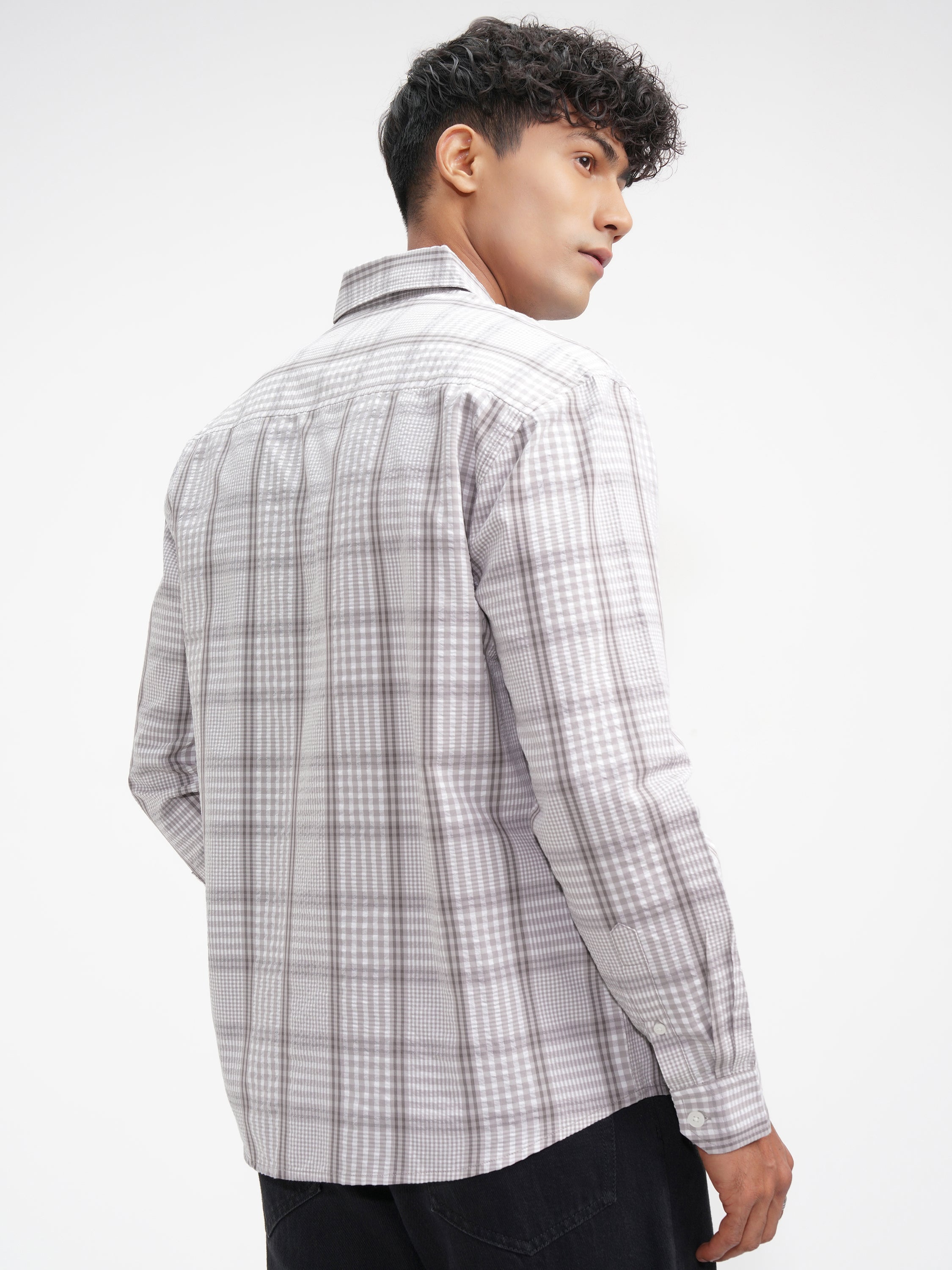 Highlander Men Grey Checked Relaxed Fit Casual Shirt - Grey - Image 3