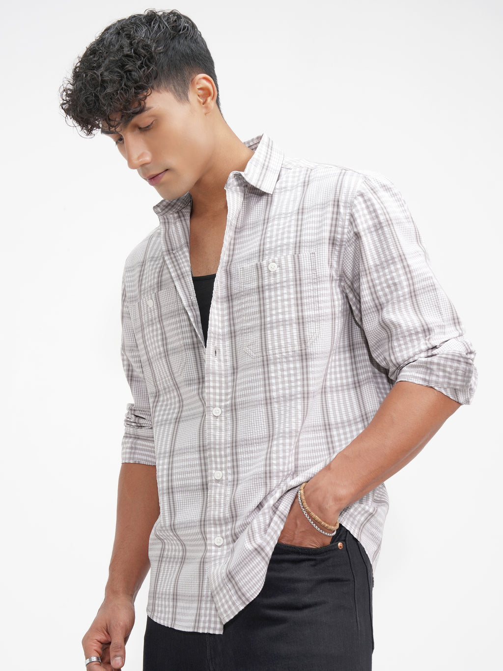 Highlander Men Grey Checked Relaxed Fit Casual Shirt - Grey - Image 4