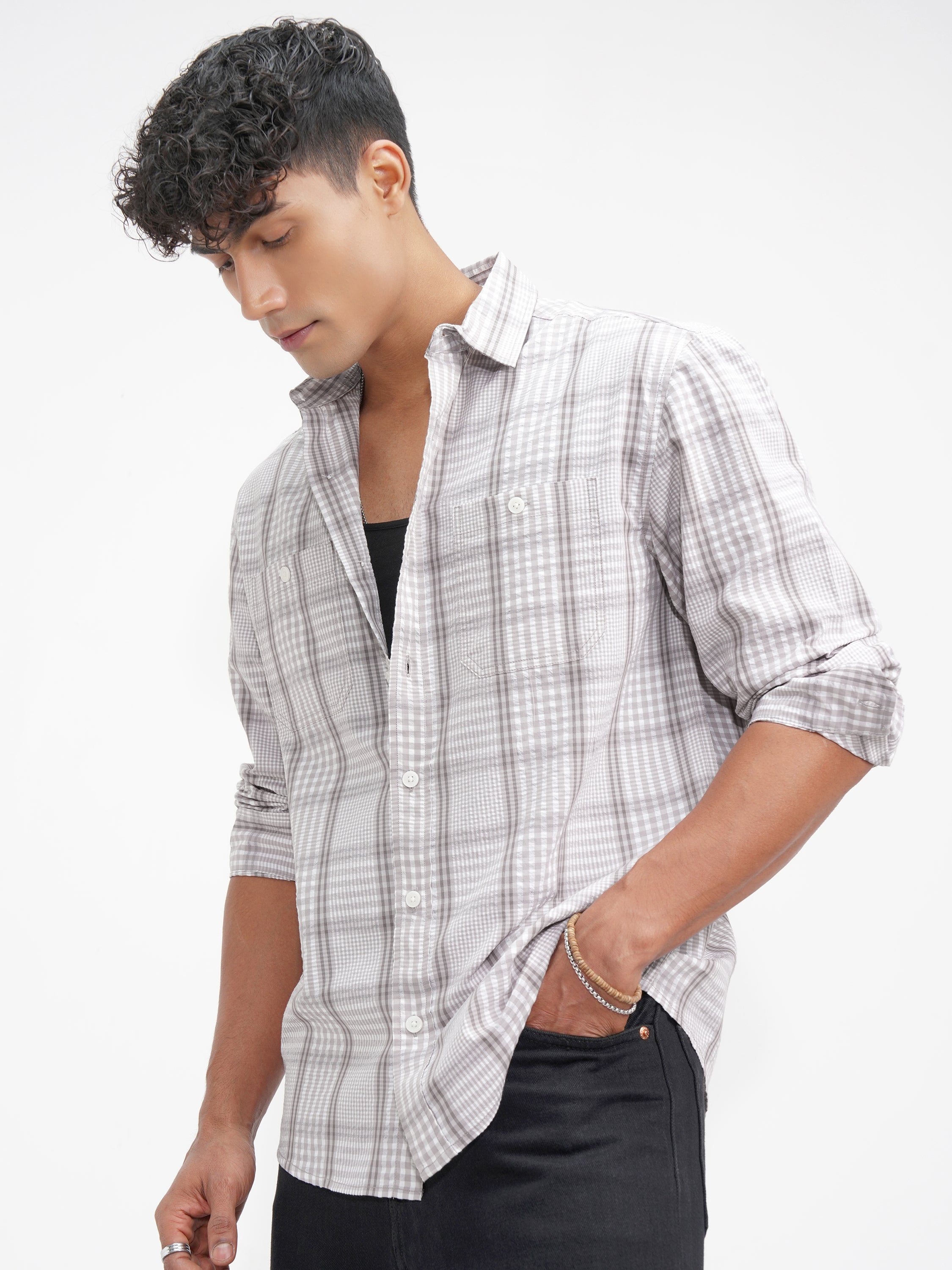 Highlander Men Grey Checked Relaxed Fit Casual Shirt - Grey - Image 4
