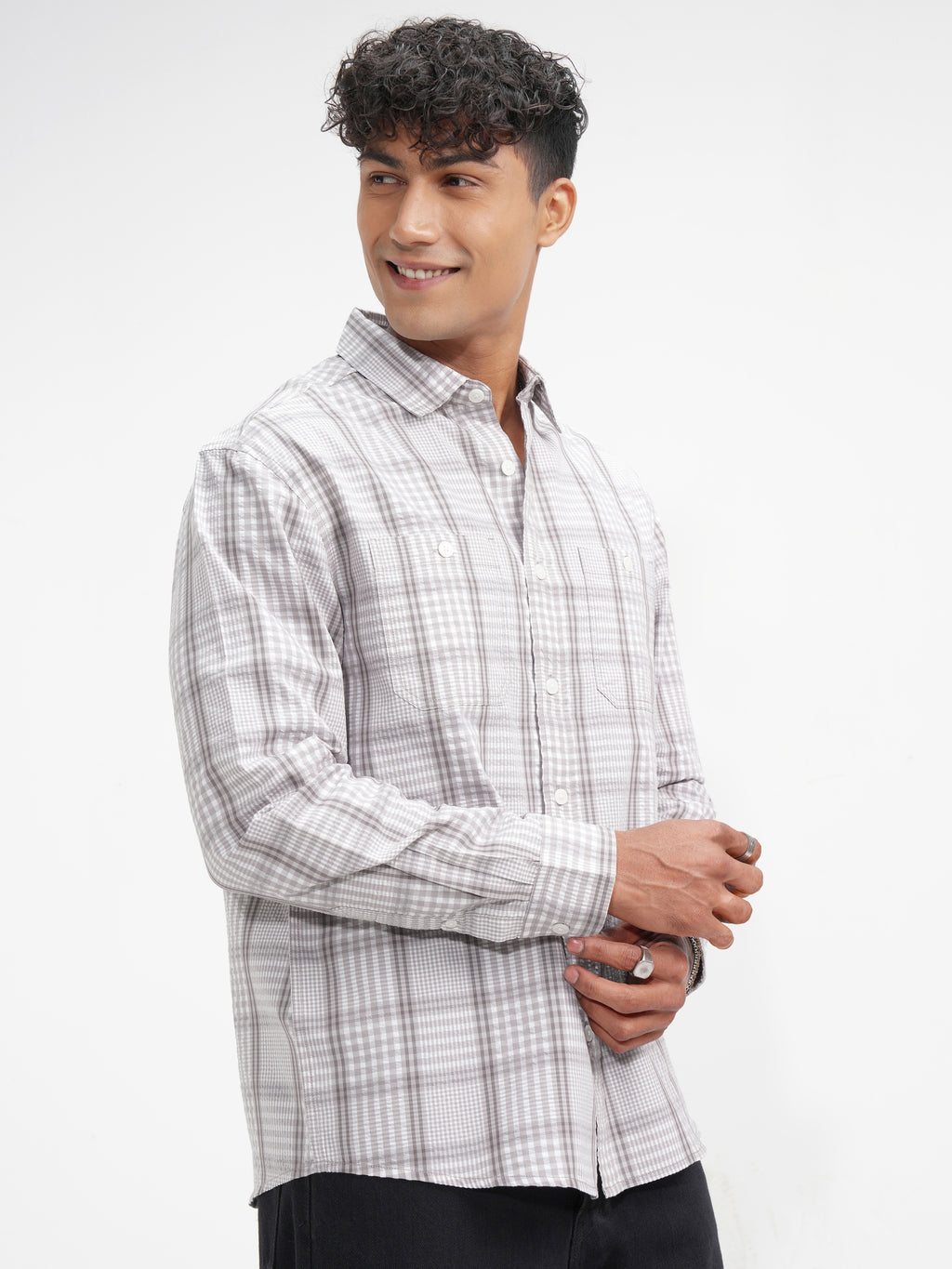 Highlander Men Grey Checked Relaxed Fit Casual Shirt - Grey - Image 6