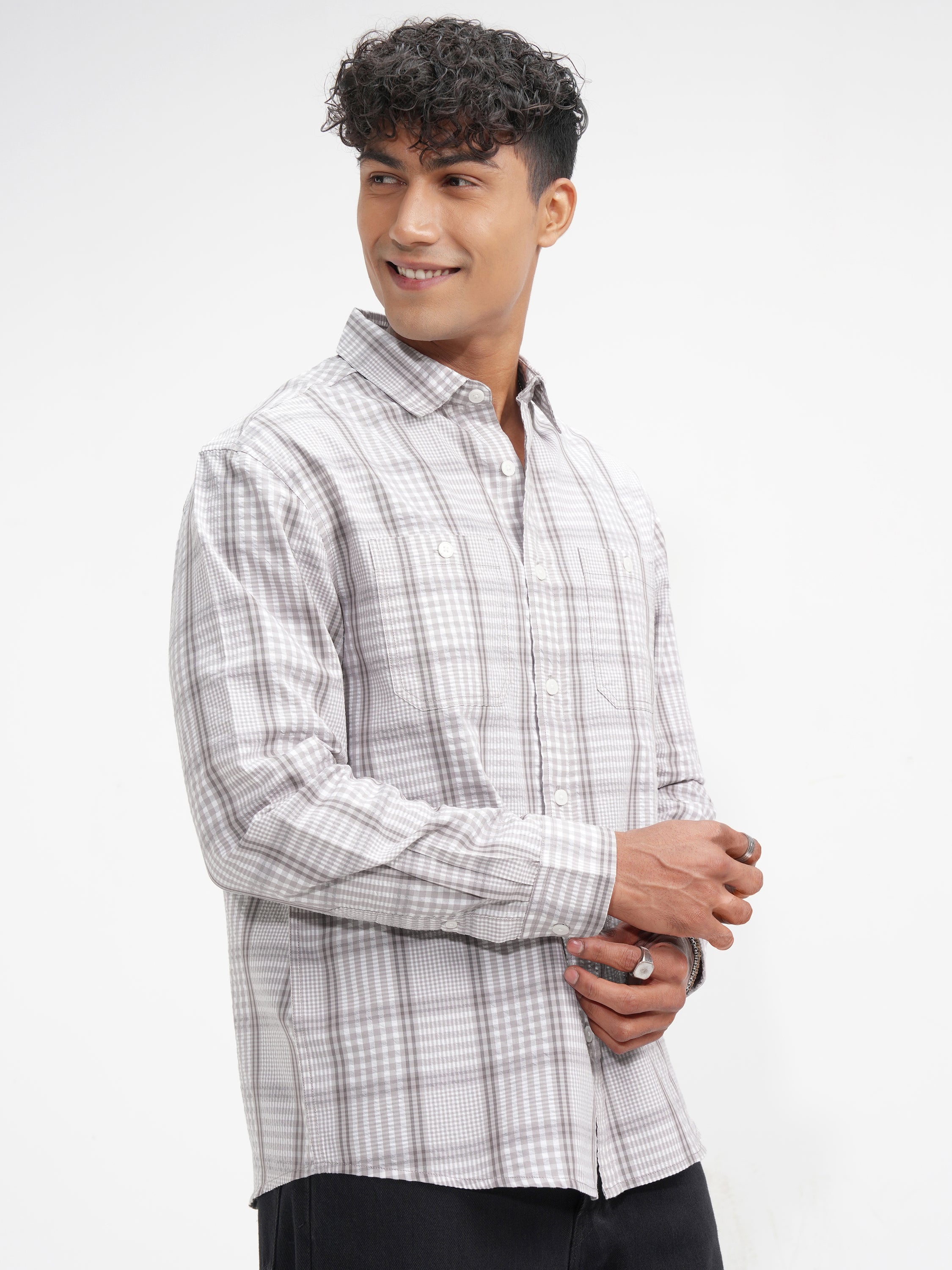 Highlander Men Grey Checked Relaxed Fit Casual Shirt - Grey - Image 6