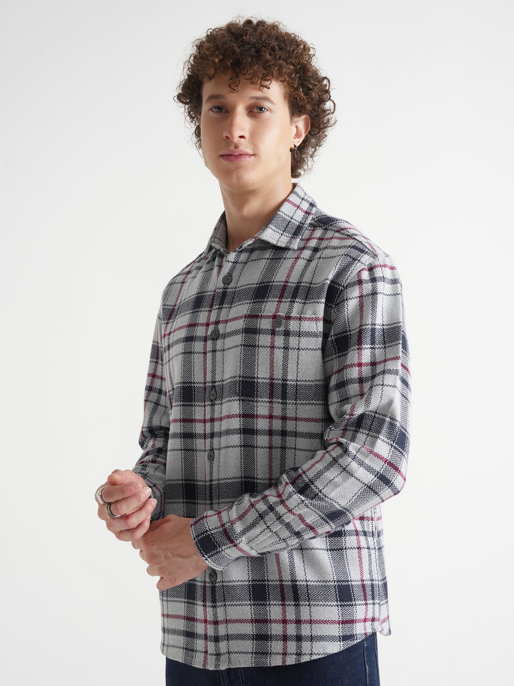 Highlander Men Grey Checked Relaxed Fit Casual Shirt - Grey - Image 4