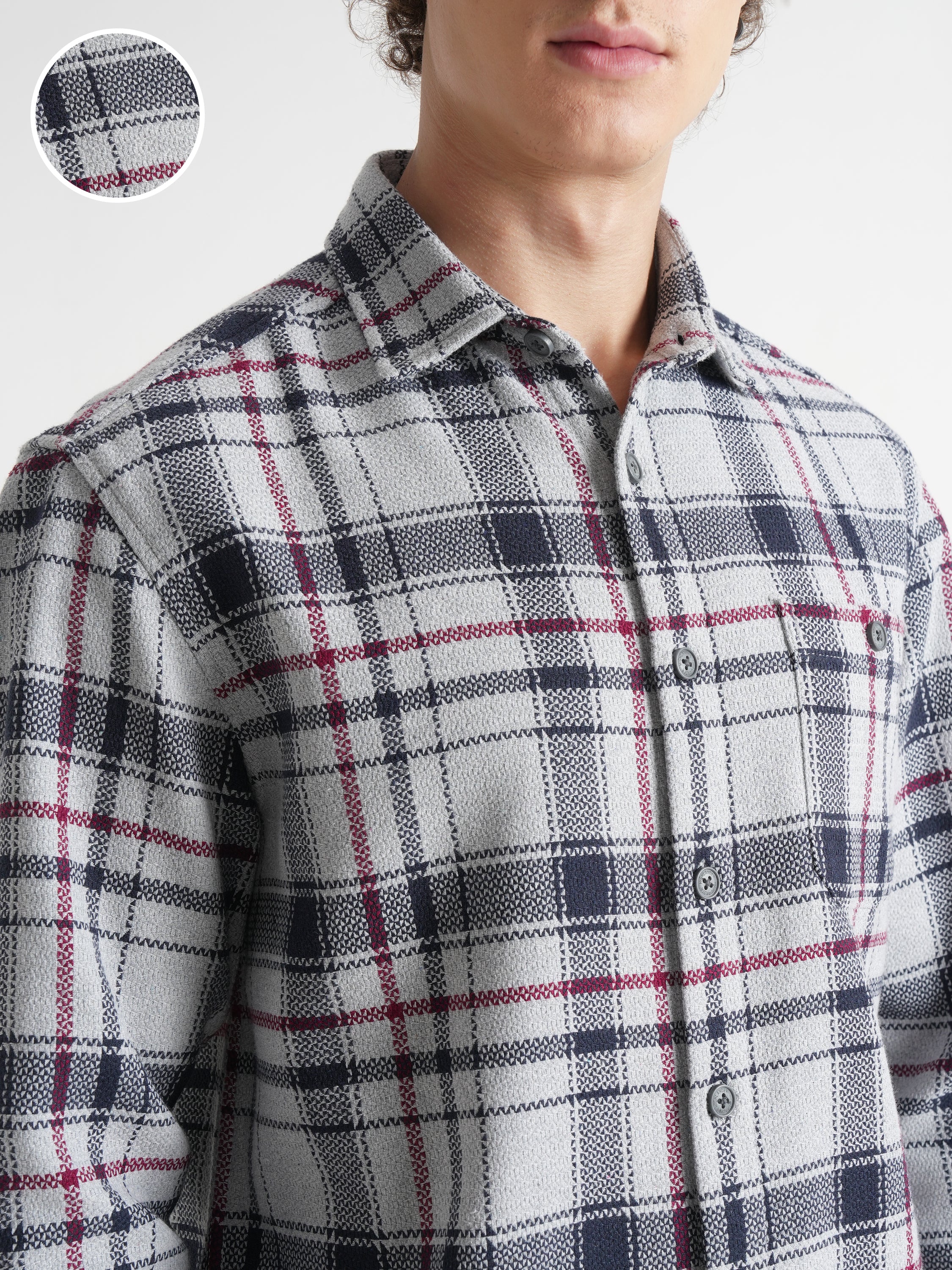 Highlander Men Grey Checked Relaxed Fit Casual Shirt - Grey - Image 5