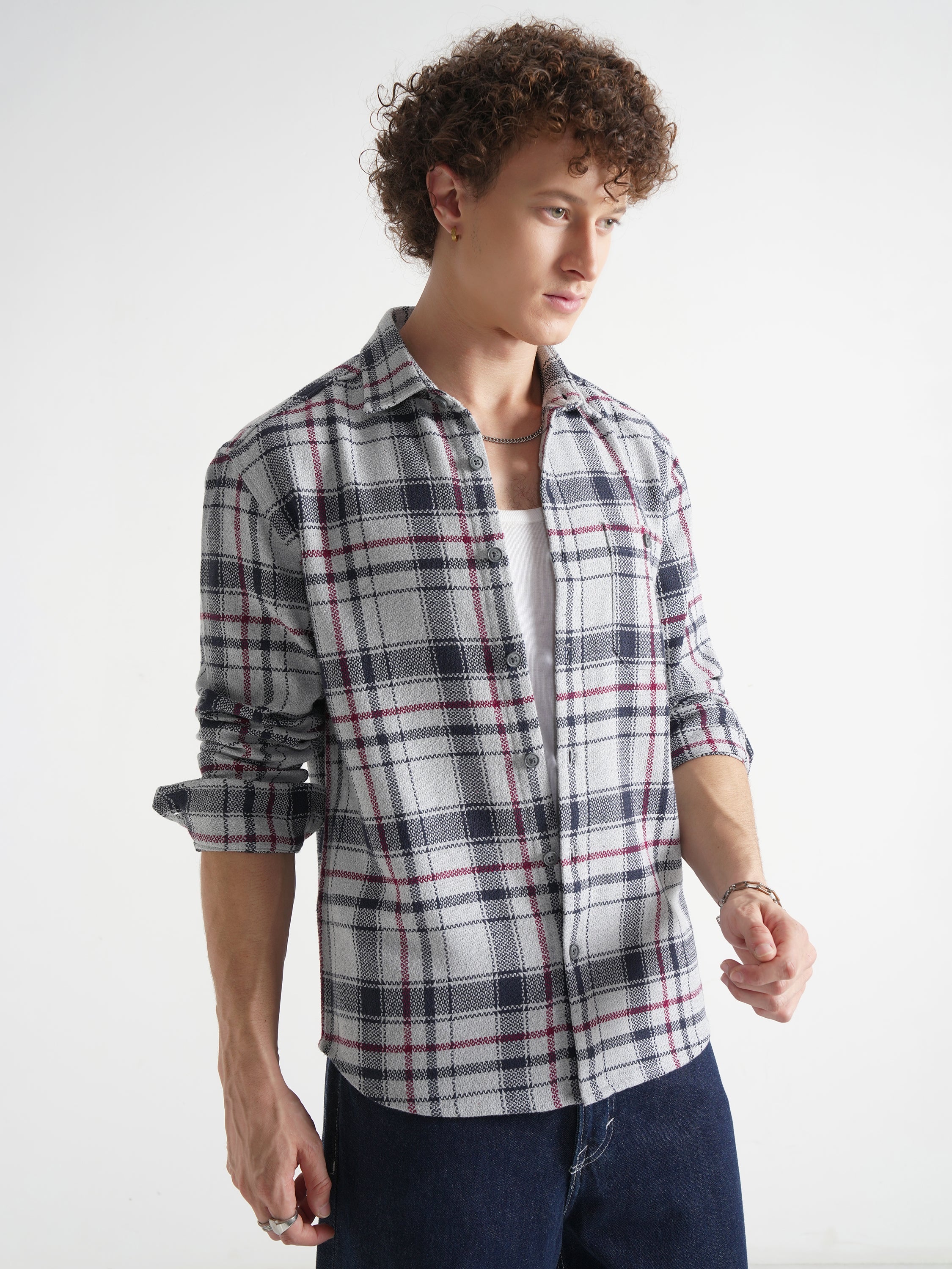 Highlander Men Grey Checked Relaxed Fit Casual Shirt - Grey - Image 6
