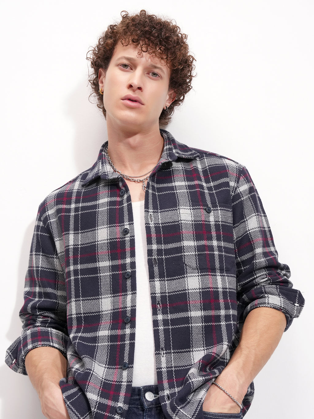 Highlander Men Navy Blue Checked Relaxed Fit Casual Shirt - Navy Blue - Image 1