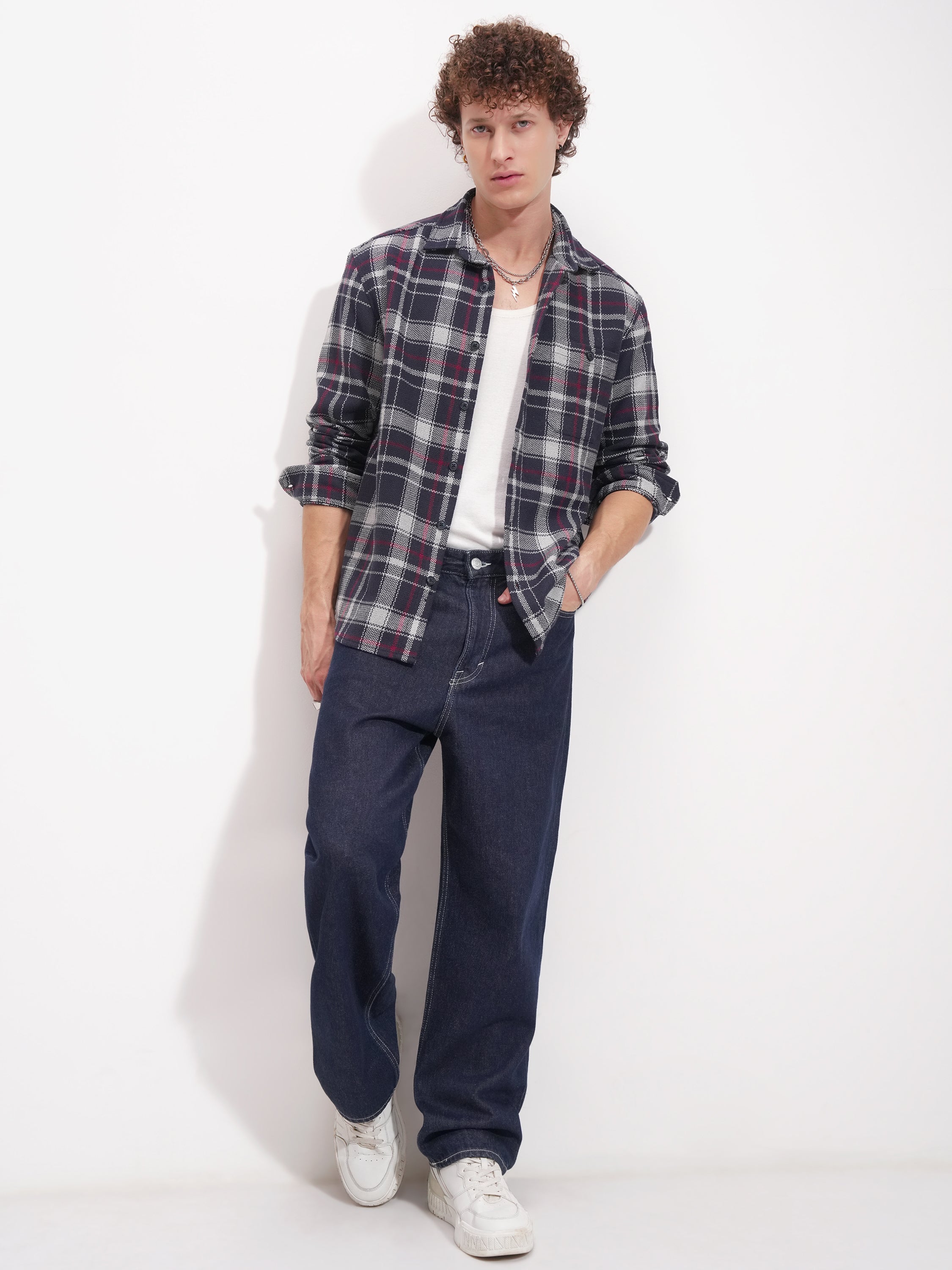 Highlander Men Navy Blue Checked Relaxed Fit Casual Shirt - Navy Blue - Image 2
