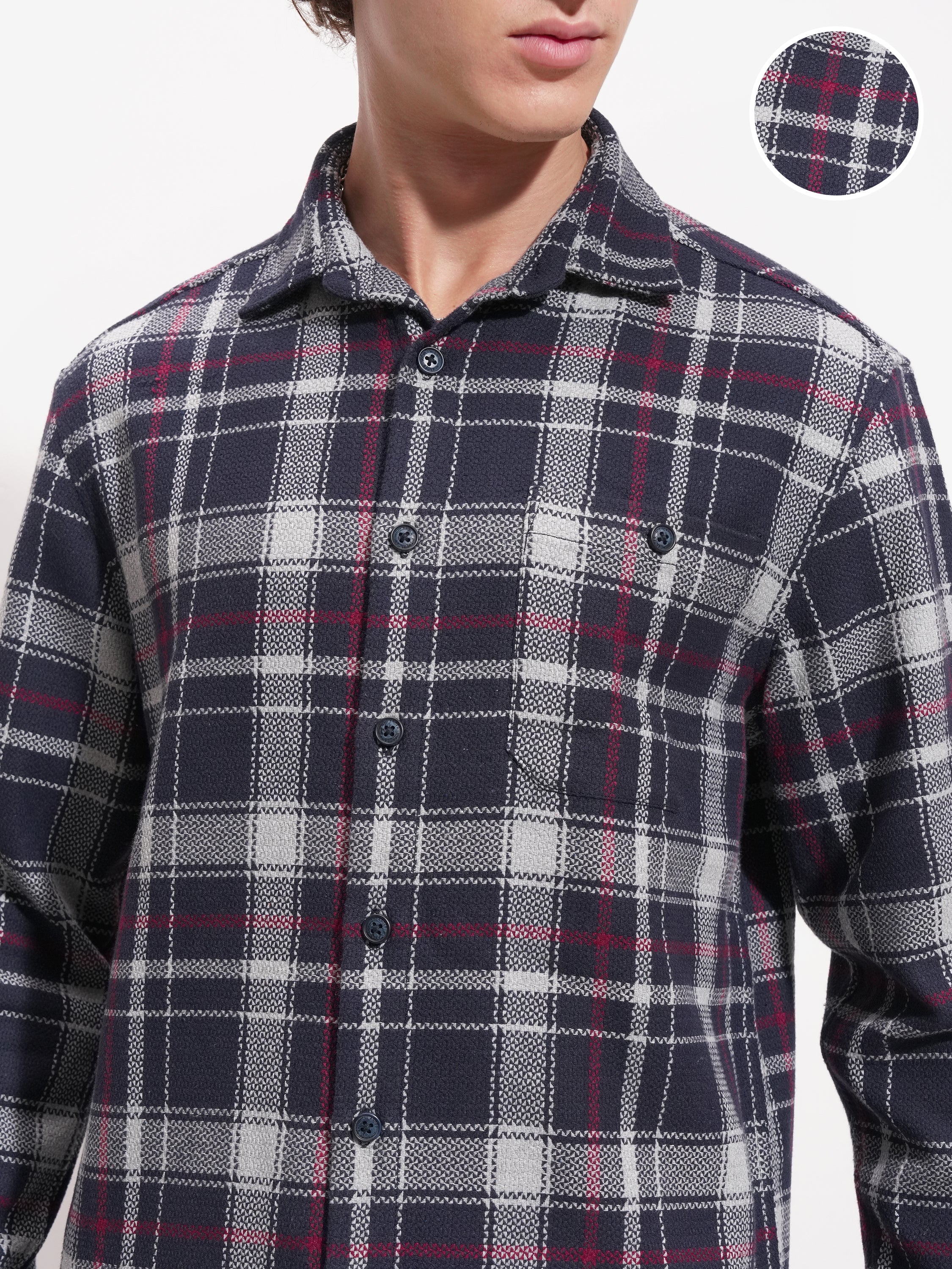 Highlander Men Navy Blue Checked Relaxed Fit Casual Shirt - Navy Blue - Image 5