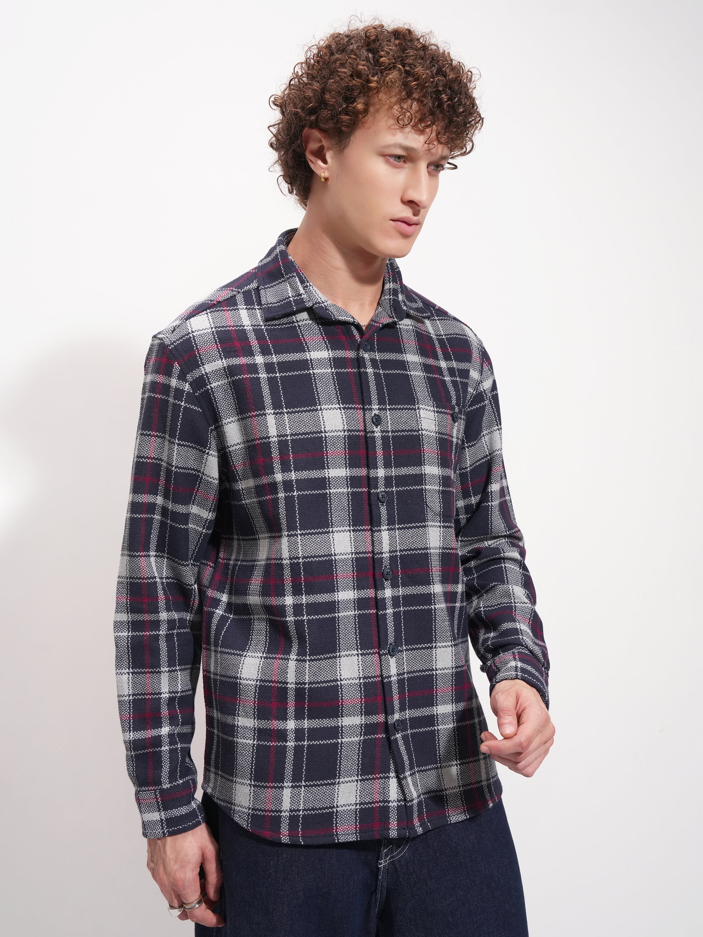 Highlander Men Navy Blue Checked Relaxed Fit Casual Shirt - Navy Blue - Image 6