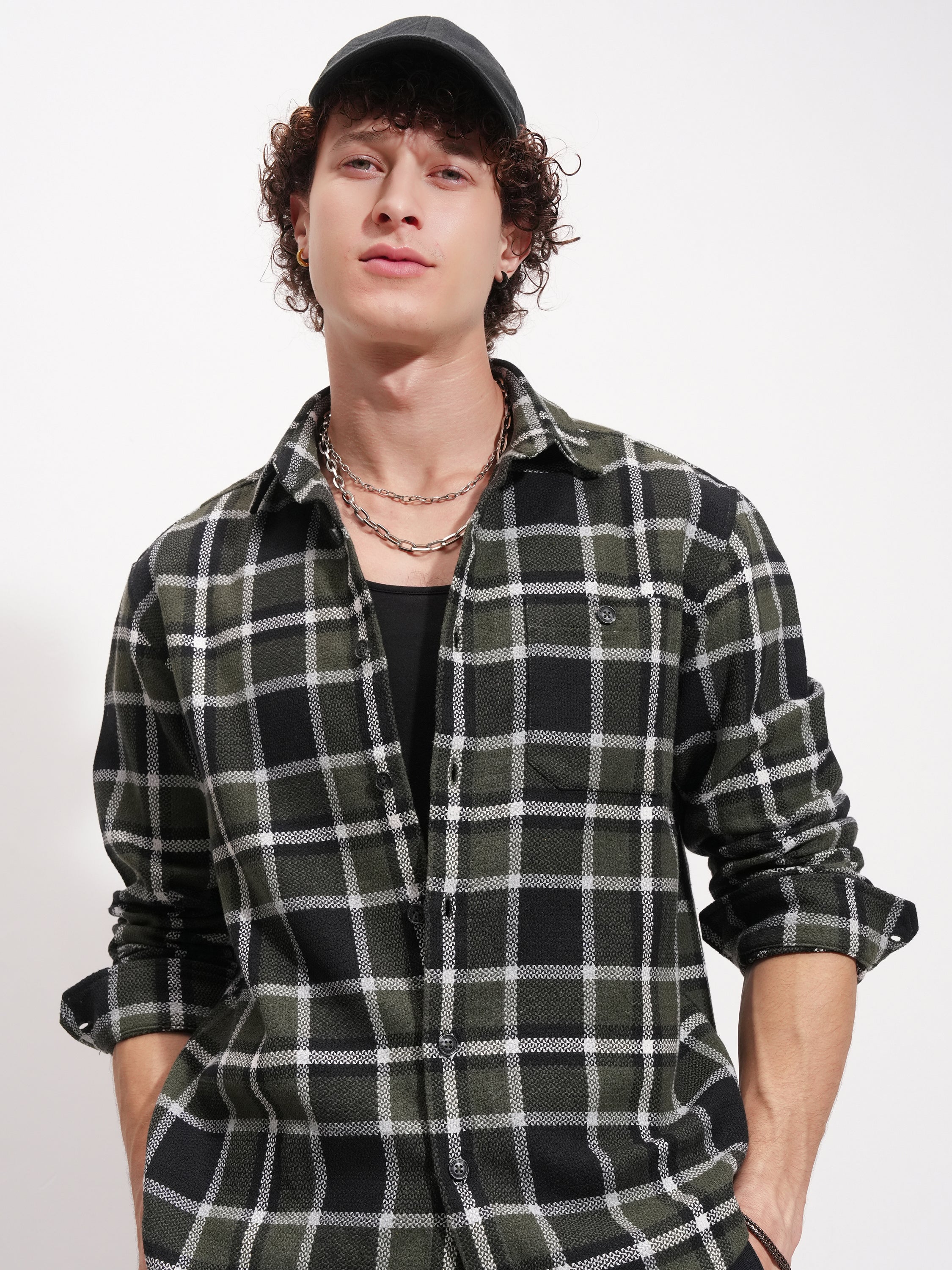 Highlander Men Olive Checked Relaxed Fit Casual Shirt - Olive - Image 1