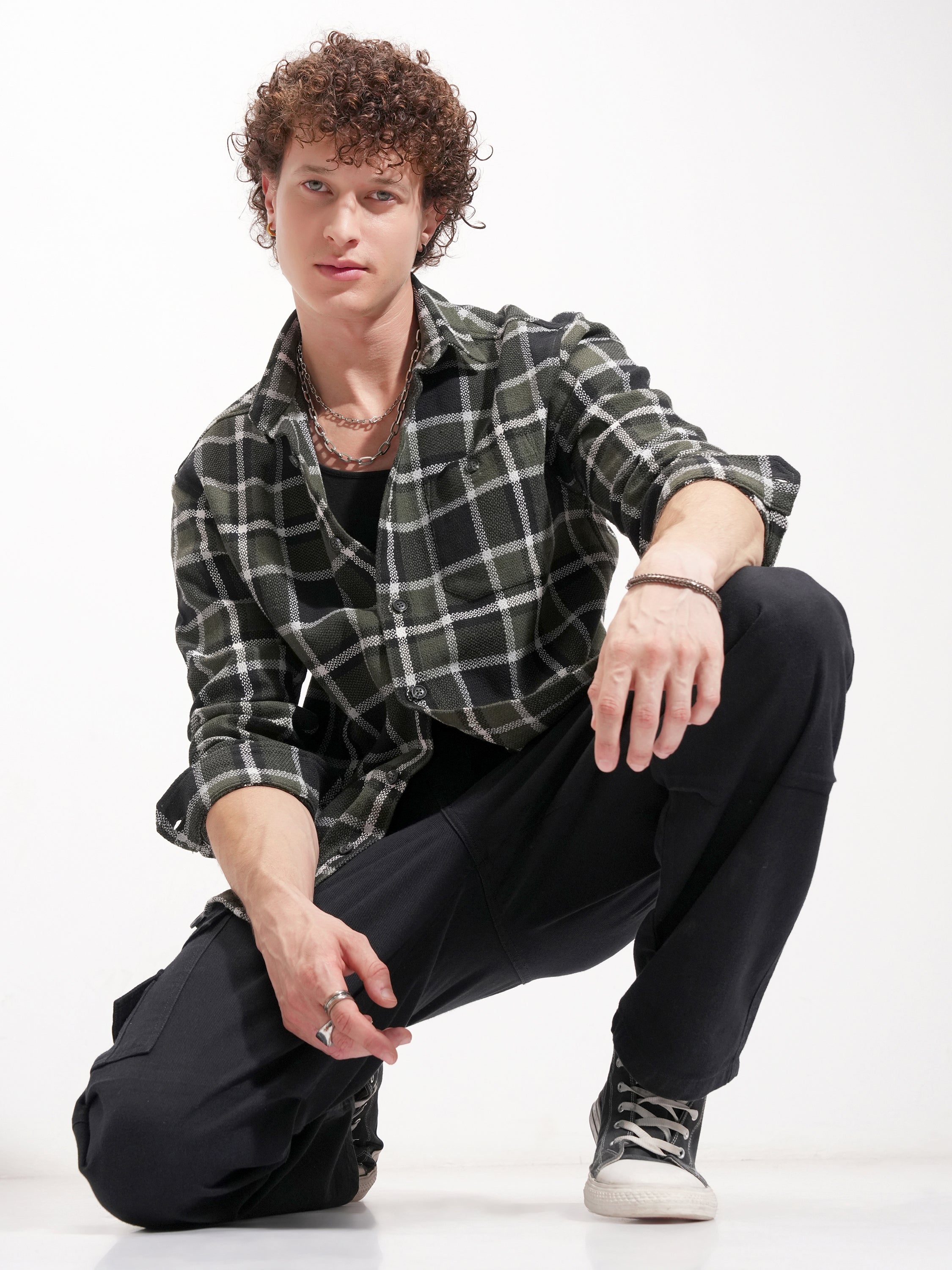Highlander Men Olive Checked Relaxed Fit Casual Shirt - Olive - Image 2