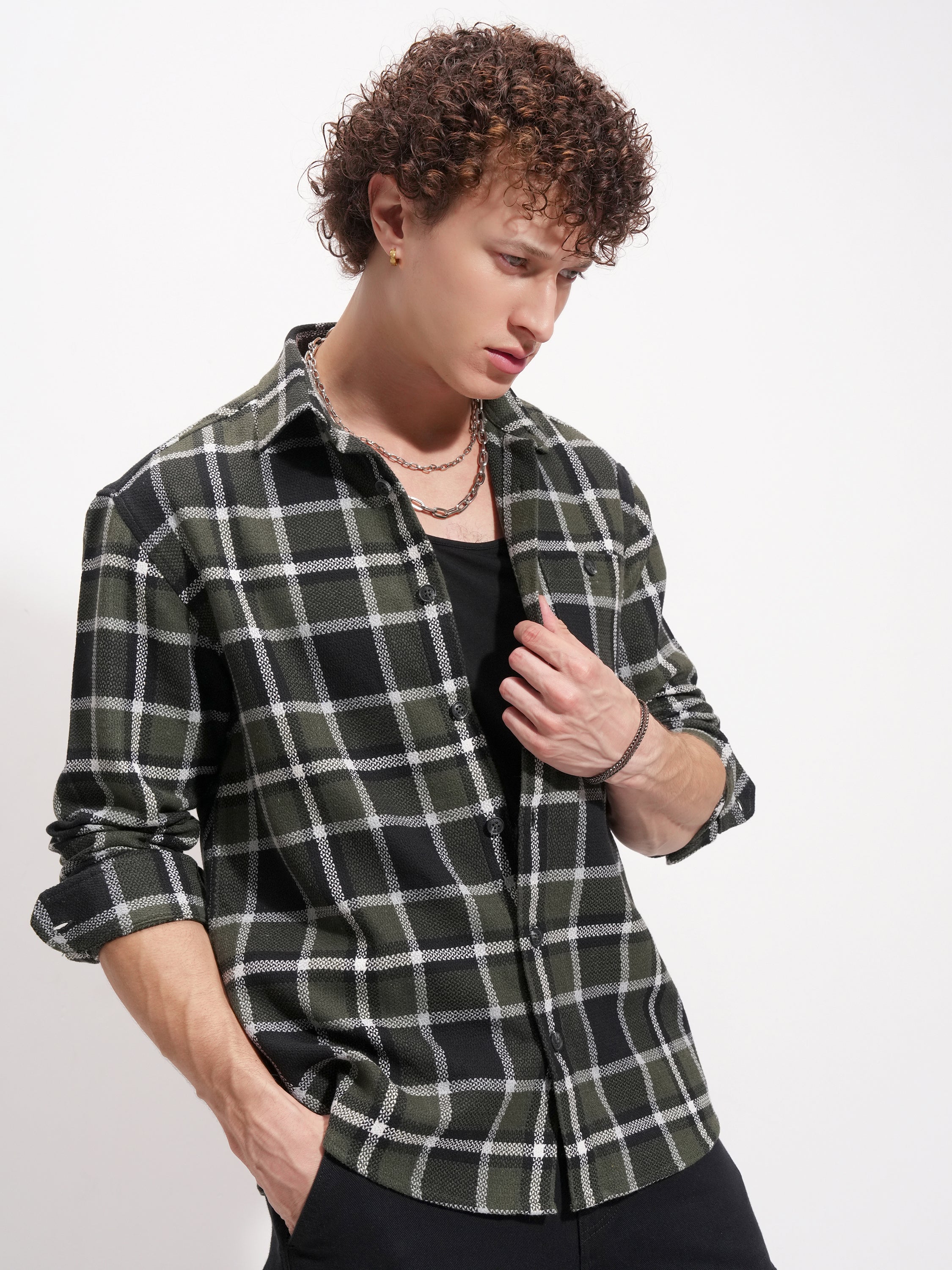 Highlander Men Olive Checked Relaxed Fit Casual Shirt - Olive - Image 6