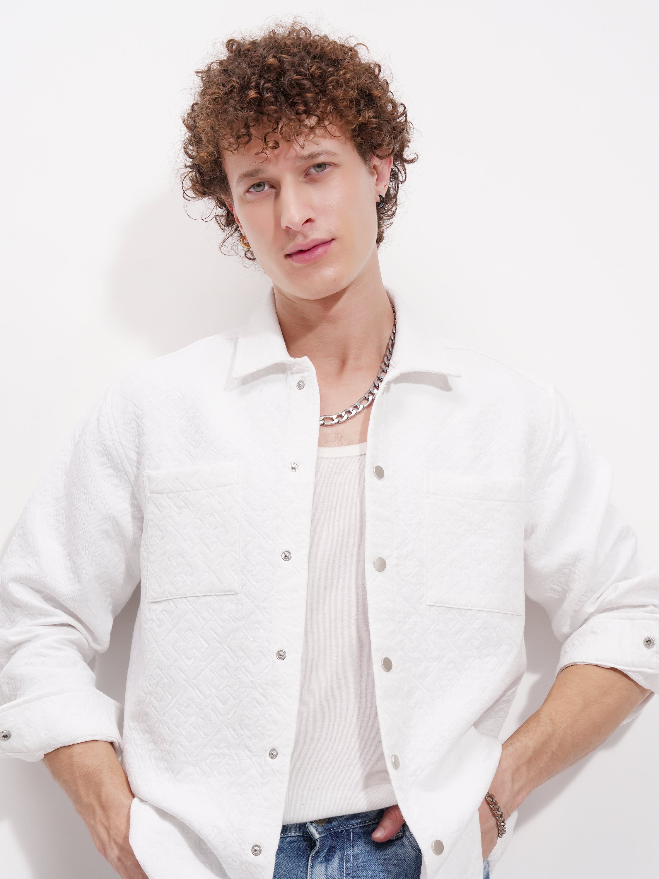 Highlander Men White Self Design Relaxed Fit Casual Shirt - White - Image 1