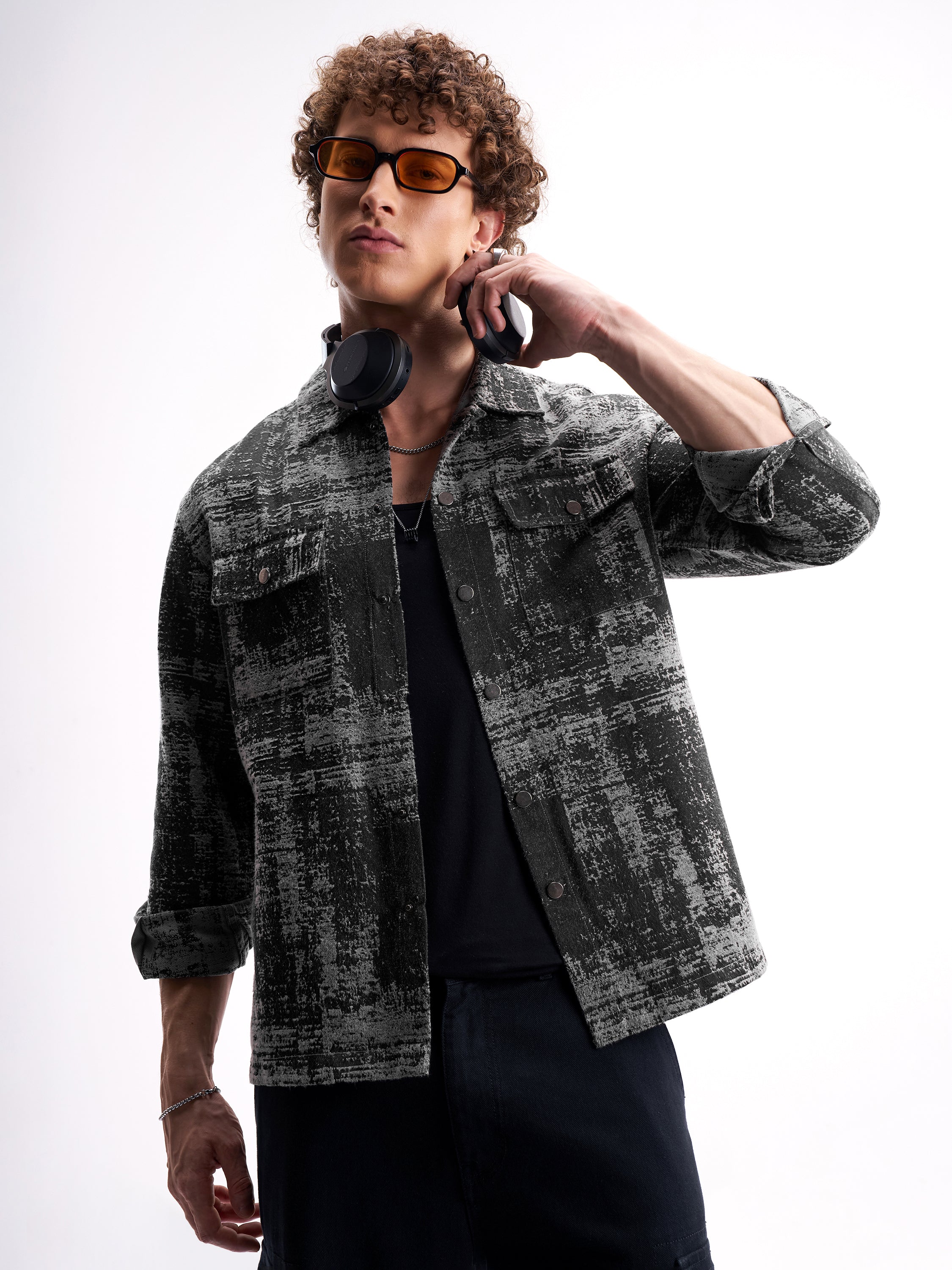 Highlander Men Black Self Design Relaxed Fit Casual Shirt - Black - Image 1