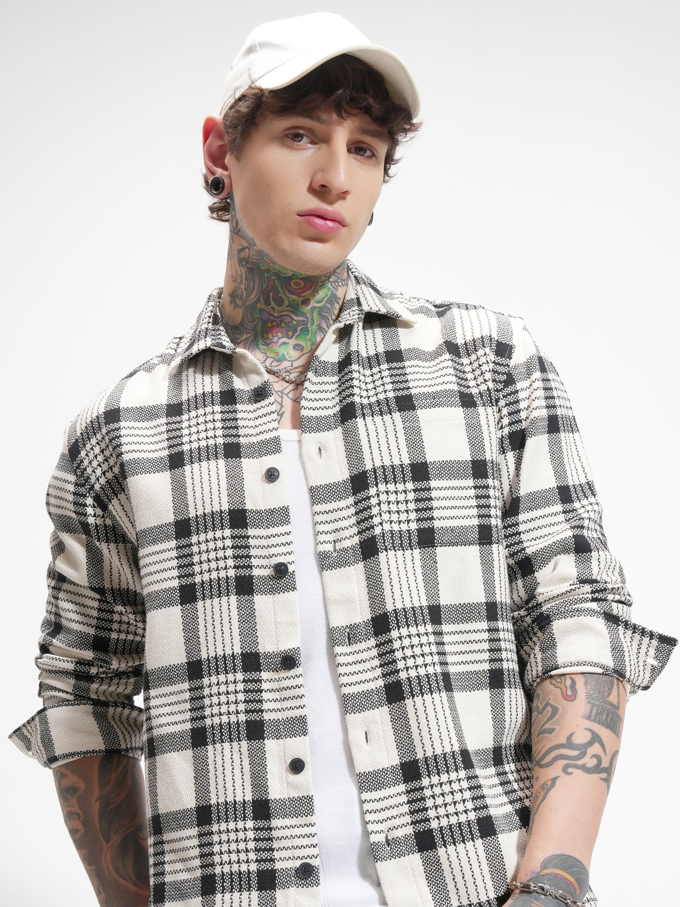 Highlander Men Cream Checked Relaxed Fit Casual Shirt - Cream - Image 1