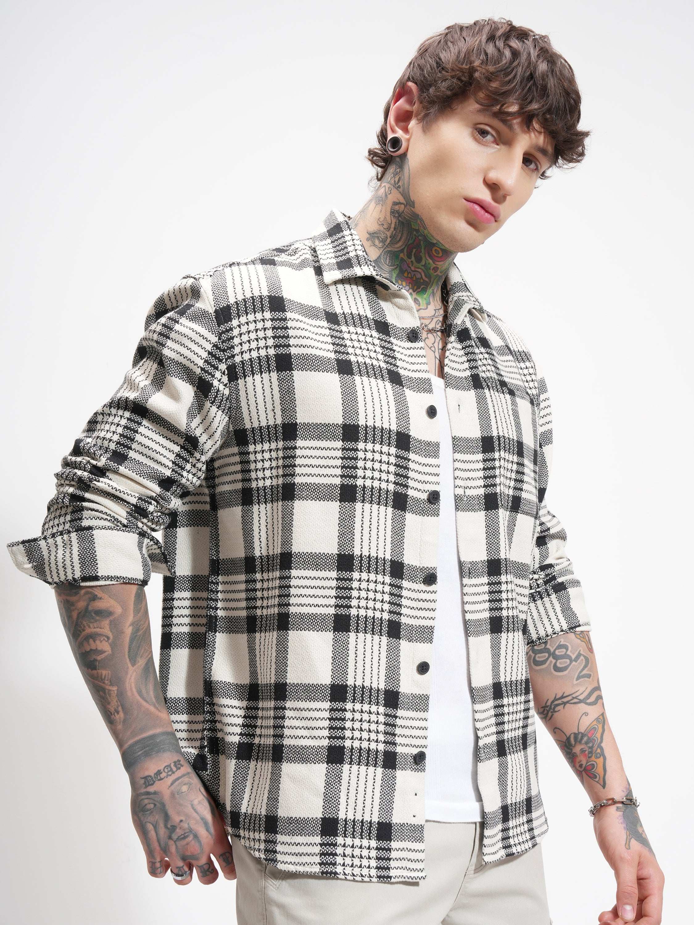 Highlander Men Cream Checked Relaxed Fit Casual Shirt - Cream - Image 6