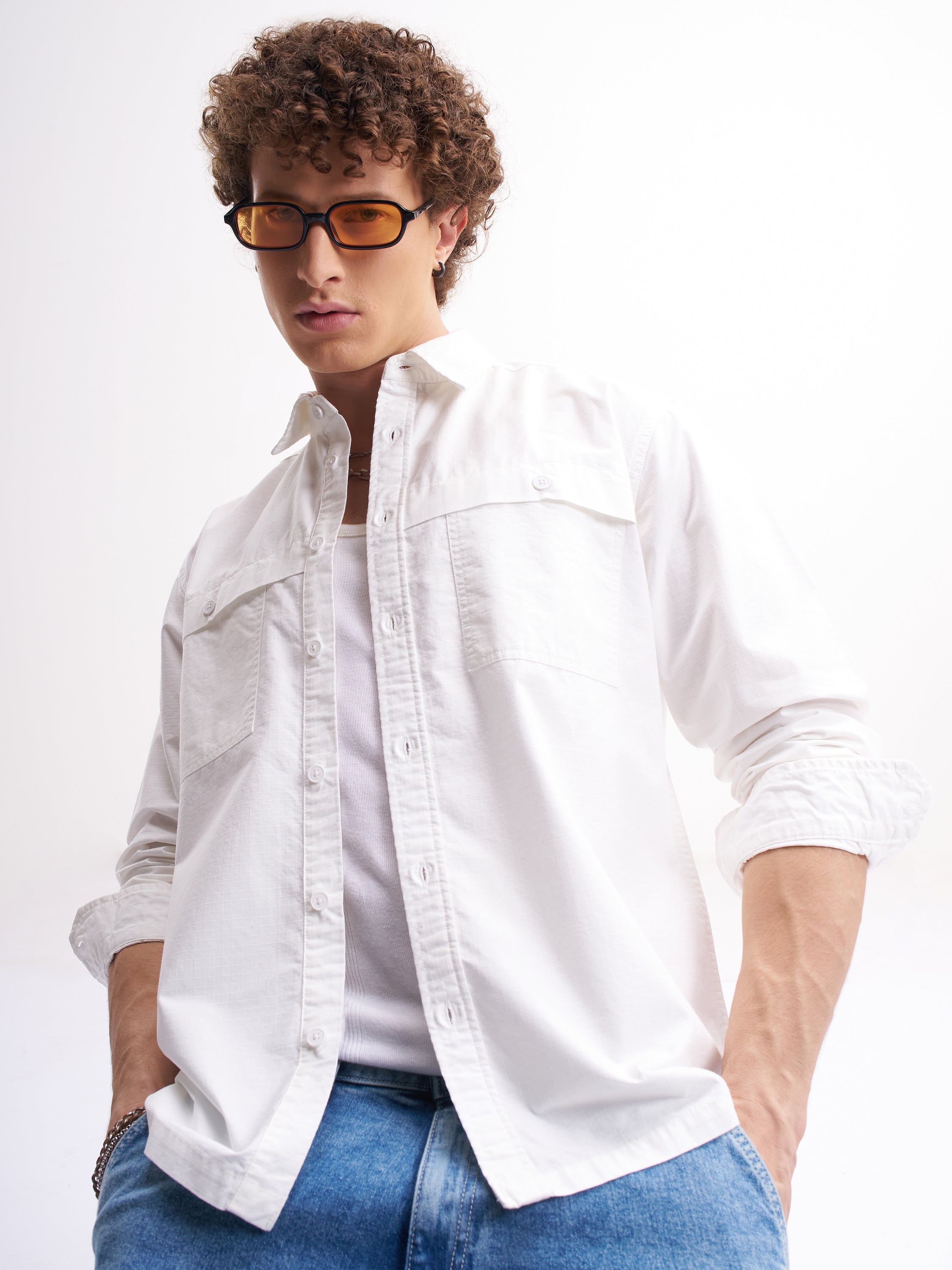Highlander Men White Solid Oversized Fit Casual Shirt - White - Image 1